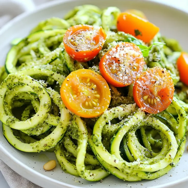 To make Pesto Parmesan Zucchini Noodles, gather these simple items: - 4 medium zucchinis - 1 cup fresh basil leaves, tightly packed - 1/4 cup pine nuts (or walnuts) - 1/2 cup freshly grated Parmesan cheese, plus extra for serving - 2 cloves garlic, peeled - 1/4 cup extra-virgin olive oil - Salt and freshly ground black pepper to taste - Handful of cherry tomatoes, halved (for garnish) You can swap ingredients if you like. Here are some ideas: - Use walnuts instead of pine nuts for a different flavor. - Try nutritional yeast if you want a vegan option for Parmesan cheese. - Use sunflower seeds in place of pine nuts for nut-free pesto. - If you can’t find fresh basil, try spinach or arugula for a twist. For the best flavor, I recommend these brands: - Basil Pesto: Look for brands like Rao's or Barilla for high-quality options. - Parmesan Cheese: Grana Padano or Parmigiano-Reggiano are excellent choices. - Always choose freshly grated cheese for the best taste in your dish. {{ingredient_image_2}} To start, grab your medium zucchinis. Use a spiralizer to turn each zucchini into long noodles. If you lack a spiralizer, a vegetable peeler works as well. Just peel the zucchini and then slice it into noodle-like strips. Once done, place the noodles in a colander and sprinkle them lightly with salt. This helps remove extra moisture. Set them aside for a few minutes while you prep the pesto. Next, it's time to make the pesto. In a food processor, combine a cup of fresh basil leaves, 1/4 cup of pine nuts, and 1/2 cup of grated Parmesan cheese. Toss in two peeled garlic cloves too. Secure the lid and pulse until everything is finely chopped and blended. Now, while the processor runs, slowly drizzle in 1/4 cup of extra-virgin olive oil. Keep blending until the pesto is smooth and creamy. Taste it, and add salt and freshly ground black pepper if needed. Now, we mix the zucchini noodles with the pesto. In a large mixing bowl, add your prepared zucchini noodles. Pour the fresh pesto over the noodles. Gently toss everything together. You want all the noodles coated in that vibrant green sauce. Once mixed, it's time to serve! Portion the noodles onto plates and top with halved cherry tomatoes. A sprinkle of extra Parmesan cheese adds a nice finishing touch. Enjoy this light and flavorful meal! To craft the best pesto, use fresh basil leaves. They bring bright flavor. Always choose pine nuts for a rich taste. If you prefer, walnuts are a great substitute. When blending, add the olive oil slowly. This helps create a smooth texture. Taste your pesto as you go. Adjust with salt and pepper for balance. For zucchini noodles, start by spiralizing the zucchinis. A spiralizer makes perfect noodles. If you lack one, a vegetable peeler works too. Cut long strips into shorter pieces. After spiralizing, place the noodles in a colander. Sprinkle with salt to draw out moisture. Let them sit for a few minutes. This step ensures your dish won’t be watery. Serving is key to a great meal. Portion the zucchini noodles on plates. Drizzle the pesto generously over the noodles. Add halved cherry tomatoes for color and flavor. Finish with a sprinkle of extra Parmesan cheese on top. For flair, add fresh basil leaves. A dash of cracked black pepper can brighten each dish. Pro Tips Use Fresh Ingredients: Always opt for fresh basil and high-quality olive oil to elevate the flavors of your pesto. Adjust the Thickness: If your pesto is too thick, add a little more olive oil or a splash of lemon juice to reach your desired consistency. Prevent Soggy Noodles: After salting the zucchini noodles, let them sit for a few minutes, then pat them dry to remove excess moisture. Experiment with Nuts: Feel free to substitute pine nuts with other nuts like walnuts or almonds for a different flavor profile in your pesto. {{image_4}} You can add protein to your Pesto Parmesan Zucchini Noodles for a heartier meal. Common choices include grilled chicken, shrimp, or tofu. Simply cook the protein of your choice and mix it in with the zucchini noodles. This will enhance the dish's flavor and make it more filling. If you prefer plant-based options, chickpeas or lentils are great alternatives. For a vegetarian twist, use more cheese or add a dollop of ricotta on top. If you're looking for vegan options, replace Parmesan with nutritional yeast. This will give a cheesy flavor without dairy. You can also make a nut-based cheese for a creamier texture. Add in some nuts or seeds for extra crunch and nutrition. Seasonal ingredients can elevate your dish. In summer, toss in fresh cherry tomatoes or bell peppers for color. In the fall, consider adding roasted butternut squash or mushrooms. These swaps keep your meal fresh and exciting. Always look for local produce to enhance flavor and support sustainability. To store leftover zucchini noodles, place them in an airtight container. Cover them tightly to keep moisture out. These noodles can last for about two days in the fridge. Be aware that they may lose some texture. If you want to keep them fresh longer, consider storing them without salt. Salt can draw out moisture and make them soggy. To freeze pesto, first pour it into ice cube trays. This method helps you use just the right amount later. Once the pesto is frozen, pop the cubes into a freezer bag. Label the bag with the date so you remember when you made it. Frozen pesto can last for up to three months. When you want to use it, thaw in the fridge overnight or microwave for a quick defrost. When reheating zucchini noodles, do it gently. Use a pan on low heat to warm them up. Add a splash of water or olive oil to prevent sticking. Stir them gently to avoid breaking the noodles. Heat for just a few minutes until warm. Avoid overheating, as this can make them mushy. If you’re reheating pesto, warm it in a small pot on low heat, stirring often. This keeps the flavors bright and fresh. Yes, you can make zucchini noodles ahead. Prepare them and store in the fridge. Use a colander to drain excess water. This helps keep them from getting soggy. I suggest using them within one day for the best taste and texture. The best tool for spiralizing zucchini is a spiralizer. It quickly turns zucchini into noodles. You can find both handheld and countertop models. If you don’t have a spiralizer, a vegetable peeler works great. It makes long strips that you can cut into noodle shapes. You can make pesto without pine nuts by using other nuts. Walnuts are a good substitute and add nice flavor. You can also use sunflower seeds for a nut-free option. Just blend them with basil, garlic, and cheese for a tasty result. In this post, I covered the essentials for making a great zucchini noodle dish. We explored key ingredients, including substitutions and brands. Next, I guided you through step-by-step instructions on preparing zucchini noodles and making pesto. I shared useful tips for cooking and serving. We also looked at variations, storage tips, and answered common questions. Final thoughts: Embrace creativity in your cooking. Enjoy experimenting with flavors and textures!