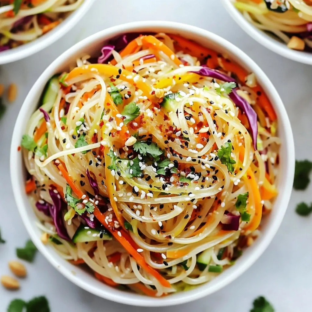 - Rice Noodles: Start with 8 oz of rice noodles. They add texture and soak up flavor. - Fresh Vegetables: Use 1 cup each of julienned carrots, thinly sliced red bell pepper, and julienned cucumber. Toss in 1/2 cup of finely shredded red cabbage. These veggies provide color and crunch. - Dressing Components: Prepare the dressing with 3 tablespoons of soy sauce, 2 tablespoons of rice vinegar, 1 tablespoon of chili garlic sauce, and 1 tablespoon of honey or maple syrup. Add 1 teaspoon of grated fresh ginger. This mix brings heat and sweetness. - Roasted Peanuts: For extra crunch, sprinkle 1/4 cup of crushed roasted peanuts on top. - Fresh Herbs: Add 1/4 cup of chopped fresh cilantro for a burst of flavor and freshness. Each ingredient plays a role in creating a balanced dish with savory, sweet, and spicy notes. You can mix and match for your taste! {{ingredient_image_2}} To start, cook the rice noodles. Follow the package instructions carefully. Once they are soft, drain them in a colander. Rinse the noodles under cold water. This stops the cooking process and keeps them from getting sticky. Set the cooled noodles aside in a large mixing bowl. Next, prepare the chili garlic dressing. In a small bowl, combine the soy sauce, rice vinegar, chili garlic sauce, honey or maple syrup, and fresh ginger. Whisk everything together until it’s smooth. Taste your dressing and add a pinch of salt if needed. This adds depth to the flavor. Now it’s time to mix the salad. In the bowl with the cooled rice noodles, add the julienned carrots, sliced red bell pepper, julienned cucumber, shredded red cabbage, chopped scallions, and chopped cilantro. Drizzle the chili garlic dressing over the noodles and veggies. Add the sesame oil on top. Using tongs or a large spoon, gently toss everything until all the ingredients are well coated in the dressing. This ensures every bite is full of flavor. Taste the salad and adjust the seasoning if necessary. If you want it sweeter, add more honey or maple syrup. Let the salad sit at room temperature for about ten minutes. This resting time allows the flavors to blend beautifully. When ready to serve, you can sprinkle crushed roasted peanuts on top for a nice crunch. Enjoy your colorful and fresh dish! To make your Chili Garlic Asian Noodle Salad taste great, balance sweetness and saltiness. Start with the dressing. If it is too salty, add a little more honey or maple syrup. If it is too sweet, a splash of soy sauce can help. Always taste as you go. Allowing the flavors to meld is key. After mixing the salad, let it sit for about 10 minutes. This resting time lets all the flavors blend together. You will notice a big difference in taste after this step. A beautiful salad is more fun to eat. Serve it in a large bowl for family-style dining or on a colorful platter to impress guests. For garnishing, add fresh herbs like cilantro on top. This adds a nice touch of color and freshness. You can also include lemon wedges for a bright pop. If you want extra crunch, sprinkle crushed roasted peanuts over the salad right before serving. This simple touch makes the dish look and taste amazing. Pro Tips Chill the Noodles: After rinsing the noodles under cold water, let them chill for an additional 10 minutes. This will enhance the texture and prevent them from sticking together. Customize Your Veggies: Feel free to swap out or add any seasonal vegetables you have on hand, such as snap peas or radishes, to make the salad your own. Make Ahead: This salad can be made a few hours in advance. Just keep it in the refrigerator and add the crushed peanuts right before serving for the best crunch. Adjust the Spice: If you prefer a milder flavor, start with half the amount of chili garlic sauce, then gradually add more to reach your desired level of heat. {{image_4}} You can change up the veggies in your salad. Here are some ideas: - Alternative vegetables: Try adding snap peas, shredded broccoli, or sliced radishes. Each brings a fresh crunch and new flavor. - Gluten-free options: Use gluten-free rice noodles or zucchini noodles. Both work well and keep the dish light and tasty. Make the dressing your own with these simple swaps: - Vegan-friendly adaptations: Substitute honey with maple syrup for a vegan option. This keeps it sweet without any animal products. - Adjusting spice levels: If you like things mild, use less chili garlic sauce. You can also mix in some extra soy sauce for flavor without the heat. To store leftovers of your Chili Garlic Asian Noodle Salad, place it in an airtight container. This keeps it fresh and flavorful. Ensure you let the salad cool to room temperature before sealing it. This helps avoid condensation, which can make the noodles soggy. For the best taste, eat the salad within three days. The fresh vegetables will stay crispy for this time. After three days, the salad may lose its crunch and flavor. You can enjoy this salad cold or at room temperature. If you want to warm it up, use the microwave. Heat it for about 30 seconds, then stir. Check if it's warm enough. Repeat if needed. If you prefer to serve it chilled, take it out of the fridge about 10 minutes before serving. This helps the flavors pop. Remember, this salad is best enjoyed fresh, so try not to reheat more than once. Yes, you can use different noodles. If you want to switch it up, try soba, udon, or even whole wheat noodles. Rice noodles give a light texture, while soba adds a nutty flavor. Udon noodles are thicker and chewier, perfect for a hearty bite. Just be sure to cook them as needed. Drain and rinse as usual to keep them fresh. Chili garlic sauce has a medium heat level. It packs a punch but is not overwhelming. If you enjoy spice, you will love it. If you prefer milder flavors, you can use less sauce or mix in some more honey. This way, you can make it just right for your taste buds. You can make this salad ahead! Prep it up to a day before serving. Just keep the dressing separate until you are ready to eat. This keeps the noodles and veggies fresh and crunchy. Mix everything together right before serving for the best taste. Enjoy your meal prep! In this blog post, we explored how to make a delicious rice noodle salad. We discussed key ingredients, like fresh vegetables and a tasty chili garlic dressing. I shared simple steps for cooking noodles and mixing the salad. You can adjust flavors and try different ingredients for your liking. Remember to store leftovers properly and reheat them gently. This easy recipe is perfect for quick meals or gatherings. Enjoy making this salad your way!