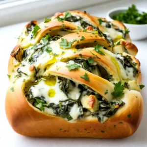 - Fresh bread (preferably pull-apart or artisan) - Fresh spinach, finely chopped - Canned artichoke hearts, drained and roughly chopped - Cream cheese, softened - Shredded mozzarella cheese - Grated Parmesan cheese - Minced garlic - Onion powder - Red pepper flakes (optional) - Salt and pepper - Olive oil - Fresh parsley (for garnish) To make Spinach Artichoke Pull Apart Bread, you need fresh, simple ingredients that pack a lot of flavor. Start with a loaf of fresh bread, like pull-apart or artisan. This bread gives the best texture and taste. Next, gather fresh spinach. Chop it finely to mix well with the cheeses. Canned artichoke hearts add a nice touch. Drain them before chopping roughly. For the creamy base, you&rsquo;ll need softened cream cheese. It blends well with shredded mozzarella and grated Parmesan. These cheeses create a rich, gooey filling. Don&rsquo;t forget minced garlic for flavor! A sprinkle of onion powder adds depth. If you like a little heat, toss in red pepper flakes. Adjust salt and pepper to taste. Finally, grab some olive oil for drizzling on top. It adds moisture and flavor. Use fresh parsley for garnish. It gives a lovely pop of color when serving. With these ingredients, you&rsquo;re ready to create an irresistible snack that everyone will love! {{ingredient_image_2}} Preheating your oven is key for even baking. When the oven is hot, your bread cooks perfectly. Set the temperature to 375&deg;F (190&deg;C). This heat helps the cheese melt and the bread crisp up nicely. Now, let&rsquo;s make the cheesy filling. In a bowl, add: - 1 cup cream cheese, softened - 1 cup shredded mozzarella cheese - 1/2 cup grated Parmesan cheese - 2 cloves garlic, minced - 1 cup fresh spinach, finely chopped - 1 cup canned artichoke hearts, drained and chopped - 1 teaspoon onion powder - 1/2 teaspoon red pepper flakes (optional) - Salt and pepper to taste Mix all these ingredients well. You want a smooth and creamy blend. This mixture gives the bread its rich flavor. Take your loaf of bread. Use a sharp knife to cut diagonal slits about 1 inch apart. Make sure not to cut all the way through. This keeps the loaf whole. Next, gently open each slit. Use a butter knife or spoon to fill each cut with your cheese mixture. Pack it in well. The more filling, the better the taste! Drizzle 2 tablespoons of olive oil over the stuffed loaf. This adds moisture and flavor. Then, wrap the loaf in aluminum foil. Place it in your preheated oven. Bake for 15 minutes covered. After that, remove the foil. Bake for another 10-15 minutes. You want the cheese to melt and the bread to turn golden brown. Once baked, take it out and let it cool for a few minutes. This helps the cheese set. For a pop of color, sprinkle fresh parsley on top before serving. It adds flavor and looks great! To avoid overbaking, keep an eye on your bread. After 15 minutes, check if it turns golden brown. If it looks ready, take it out! You want a soft inside and a crisp crust. For the cheese, ensure it is fully melted. If you see cheese oozing out, you did it right! It should be gooey and delicious. The best way to check is by gently pulling apart the bread. Try adding different seasonings to change the taste. Garlic powder or Italian herbs can boost flavor. You can also add a squeeze of lemon for freshness. Using fresh ingredients makes a big difference. Fresh spinach and artichokes give a brighter taste. Canned artichokes work, but fresh will make your dish shine. Serve the pull-apart bread on a wooden board. Guests will love tearing off pieces. It looks rustic and inviting. Pair it with marinara sauce for dipping. The tangy sauce blends well with the cheesy bread. You could also serve it with a creamy ranch dip for a fun twist! Pro Tips Choose the Right Bread: Opt for a sturdy loaf that can hold the cheesy filling without falling apart. Artisan bread works beautifully for this recipe. Make Ahead: Prepare the filling a day in advance and store it in the refrigerator. This allows the flavors to meld, making for an even tastier pull-apart bread. Customize Your Cheeses: Feel free to mix in other cheeses like cheddar or gouda for a different flavor profile. Just ensure they melt well! Perfect Baking: For a crispier crust, bake the bread uncovered for the last few minutes to allow it to brown nicely, enhancing both texture and flavor. {{image_4}} You can make this bread even better by adding more flavors. Try different veggies like bell peppers or mushrooms. They add great taste and texture. You can also include cooked meats, such as shredded chicken or crispy bacon, for a hearty twist. Cheese lovers can play with the different cheese options. Use sharp cheddar for a bold flavor or creamy goat cheese for a tangy kick. Mixing cheeses can create a delightful depth in every bite. If you want a vegetarian version, this recipe is easy to adjust. Simply swap the cream cheese and mozzarella for plant-based versions. Look for vegan cream cheese and dairy-free mozzarella. These options keep the dish creamy and rich. To ensure your vegan bread stays flavorful, add more spices or fresh herbs. A squeeze of lemon juice can brighten the flavors too. You won&rsquo;t miss the dairy in this tasty treat. For those who need a gluten-free option, choose gluten-free bread. Many stores offer gluten-free artisan bread that works well for this recipe. Just check the label to make sure it fits your needs. To enhance the taste, consider adding extra herbs or spices to the cheese mixture. This will keep your gluten-free bread just as delicious and satisfying as the original. To store your leftover Spinach Artichoke Pull Apart Bread, wrap it tightly in plastic wrap or foil. This keeps moisture in and helps maintain flavor. Place it in the fridge. It can stay fresh for up to 3 days. If you want to keep it longer, consider freezing it. Wrap it well in plastic wrap and then in foil. Frozen bread can last for about 2 months. To reheat the bread, avoid using the microwave. It can dry out the bread quickly. Instead, preheat your oven to 350&deg;F (175&deg;C). Unwrap the bread and place it on a baking sheet. Cover it with foil to keep it moist. Heat for about 10-15 minutes. If you want the cheese to melt again, uncover the bread for the last few minutes. This helps keep the cheesy texture you love. Yes, you can prepare this bread ahead of time. To do this, mix the cheese and veggie filling first. Then, stuff the bread and wrap it well in foil. Store it in the fridge. This keeps it fresh for up to 24 hours. When you&rsquo;re ready to bake, just take it out and let it sit for 15 minutes. Preheat your oven and bake as usual. This pull-apart bread is great with many sides. Try serving it with marinara sauce for dipping. You can also add a fresh salad or a cheese platter. For drinks, consider pairing it with a crisp white wine or a light beer. Both will balance the rich flavors of the cheese and artichokes. If you want to add some heat, use more red pepper flakes in the filling. Start with one teaspoon and adjust to your taste. You can also add diced jalape&ntilde;os or a splash of hot sauce. Both options will give a nice kick without overpowering the other flavors. This recipe combines fresh ingredients for a tasty pull-apart bread. You learned how to prepare the cheese mixture, stuff the bread, and bake it perfectly. Remember, the key is in the details: preheating the oven and avoiding overbaking will ensure great texture. Feel free to try different ingredients to match your taste. Whether serving it as a snack or a side, it&rsquo;s sure to impress! Enjoy making and sharing this delicious dish.