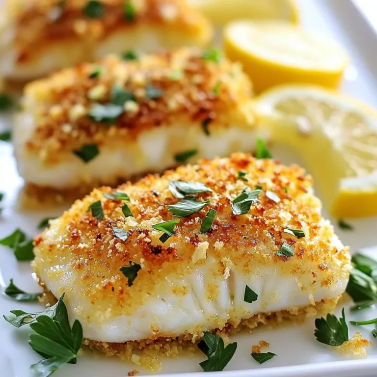 - 4 cod fillets (approximately 6 ounces each) - 1 cup grated Parmesan cheese - 1/2 cup breadcrumbs (preferably panko for an extra crunchy texture) - 1 teaspoon garlic powder - 1 teaspoon fresh lemon zest - 1 teaspoon dried oregano - 1/2 teaspoon paprika - Salt and freshly ground black pepper, to taste - 2 tablespoons extra virgin olive oil - 1 lemon, thinly sliced (for garnish) - Fresh parsley, finely chopped (for garnish) To make Parmesan crusted cod, these main ingredients are key. The cod provides a mild, flaky base. The Parmesan cheese gives a rich, salty flavor. Panko breadcrumbs add that lovely crunch. Garlic powder and lemon zest boost the taste. Oregano and paprika add depth. Salt and pepper enhance all flavors. - Fresh herbs like thyme or basil - A splash of hot sauce for heat - Grated lemon or lime zest for extra zing - Different cheese like cheddar or Gruyère You can mix up the recipe with these optional ingredients. Fresh herbs add brightness. Hot sauce gives it a kick. Zest from citrus adds freshness. Other cheeses can change the flavor profile too. - Baking sheet - Parchment paper - Medium-sized mixing bowl - Paper towels - Measuring cups and spoons - Fork for flaking cod These supplies make the cooking process easy. The baking sheet and parchment paper help with cleanup. A mixing bowl is perfect for combining ingredients. Paper towels help dry the cod, so the crust sticks better. Measuring cups and spoons ensure accurate ingredient amounts. A fork is essential for testing the cod's doneness. {{ingredient_image_2}} First, preheat your oven to 400°F (200°C). This is the perfect temperature for baking cod. While the oven heats, prepare a baking sheet. Line it with parchment paper. This step helps prevent sticking and makes cleanup easier. In a medium bowl, mix the following ingredients: - 1 cup grated Parmesan cheese - 1/2 cup breadcrumbs (panko works best) - 1 teaspoon garlic powder - 1 teaspoon fresh lemon zest - 1 teaspoon dried oregano - 1/2 teaspoon paprika - Salt and black pepper to taste Stir until everything is well mixed. This crust will add crunch and flavor to your cod. Take your cod fillets, about 6 ounces each, and pat them dry with paper towels. This helps the crust stick better. Place the fillets on the lined baking sheet. Drizzle 2 tablespoons of extra virgin olive oil over each fillet. This adds moisture and flavor. Press the Parmesan mixture firmly onto the top of each cod fillet. Cover the surface well for a tasty crunch. Now, place the baking sheet in the oven. Bake for about 15-20 minutes. The cod is ready when it turns opaque and flakes easily with a fork. The crust should be golden brown and crunchy. After baking, let the cod rest for a few minutes. This helps keep the juices in. Finally, garnish with fresh parsley and serve with lemon slices for a bright, zesty touch. Enjoy your delicious meal! To get that perfect crunch, use panko breadcrumbs. They create a lighter and crispier texture. Mix them well with grated Parmesan cheese and spices. Press the mixture firmly onto the cod. This helps it stick during baking. Always pat the cod fillets dry before adding the crust. This helps the crust stick better. Bake the cod at 400°F (200°C) for 15-20 minutes. The fish should flake easily when done. If you want extra crispiness, broil the cod for the last 2 minutes. Keep an eye on it to avoid burning. Serve your Parmesan crusted cod with lemon slices. The fresh juice adds brightness and flavor. For sides, consider sautéed green beans or a light salad. Both options balance the dish and make it more colorful. You can also add a sprinkle of fresh parsley for a pop of color and taste. Pro Tips Use Fresh Cod: Fresh cod fillets will provide a better flavor and texture than frozen ones. Look for fillets that are firm and have a mild scent. Customize the Crust: Feel free to add your favorite herbs or spices to the Parmesan mixture, such as thyme or cayenne pepper, for an extra kick of flavor. Check for Doneness: To ensure the cod is perfectly cooked, use a fork to test if it flakes easily. If it does, it’s ready to enjoy! Serve with Sides: Pair this dish with a light salad or steamed vegetables for a well-rounded meal that complements the rich flavor of the cod. {{image_4}} You can boost the flavor of your Parmesan crust with fresh herbs. Try adding chopped basil, thyme, or dill to the crumb mix. Each herb gives a new taste. For a spicy kick, mix in a pinch of red pepper flakes. This small change can make your dish exciting. Not a cod fan? You can use other fish like haddock or tilapia. Both have mild flavors and work well with the Parmesan crust. Salmon also tastes great, but it has a richer flavor. Adjust your cooking time for thicker fillets to ensure they cook through. Pair your Parmesan crusted fish with fresh vegetables. Roasted broccoli or green beans add color and crunch. A light side salad with lemon vinaigrette also complements the dish. For a heartier option, serve it with quinoa or rice. These sides balance the meal and add nutrition. After cooking your Parmesan crusted cod, let it cool for a bit. Place the leftovers in an airtight container. Store them in the fridge for up to three days. Keeping the cod sealed helps maintain its flavor and texture. When ready to eat, check for any off smells or changes in texture before reheating. To reheat your cod, preheat your oven to 350°F (175°C). Place the cod on a baking sheet. Heat for about 10-15 minutes. This keeps the crust crispy while warming the inside. You can also use a microwave, but the crust may become soft. If you choose the microwave, heat on low power for a few minutes. You can freeze the cooked cod if you want to save it for later. Wrap each piece tightly in plastic wrap. Then, place them in a freezer bag. Label the bag with the date and use within three months. When you’re ready to eat, thaw the cod in the fridge overnight. Reheat it in the oven for best results. You can tell cod is fully cooked when it turns opaque. Use a fork to check. If the fish flakes easily, it’s ready to eat. The crust should be golden brown and crunchy. A cooking time of 15-20 minutes at 400°F works well for tender cod. Yes, you can use other cheeses! Cheddar or Gruyère can work well. Just remember, these cheeses may change the flavor a bit. Parmesan gives a nutty taste that complements the cod nicely. You might also blend cheeses for a unique crust. This dish pairs well with many sides. Consider serving it with: - Sautéed vegetables - A light salad - Rice or quinoa - Mashed potatoes These sides enhance the meal and add color. To lower calories, use less cheese. You can also swap regular breadcrumbs for whole wheat or use less oil. Consider adding more herbs to boost flavor without extra calories. These tips keep your meal light but still tasty. In this blog post, we explored how to make delicious Parmesan crusted cod. We covered key ingredients and essential cooking supplies. You learned step-by-step instructions for perfect baking. I shared helpful tips for a crispy crust and alternative variations for this dish. Lastly, we discussed storage and reheating methods. Enjoy making this tasty meal. With simple steps, you can impress your family and friends. Happy cooking!