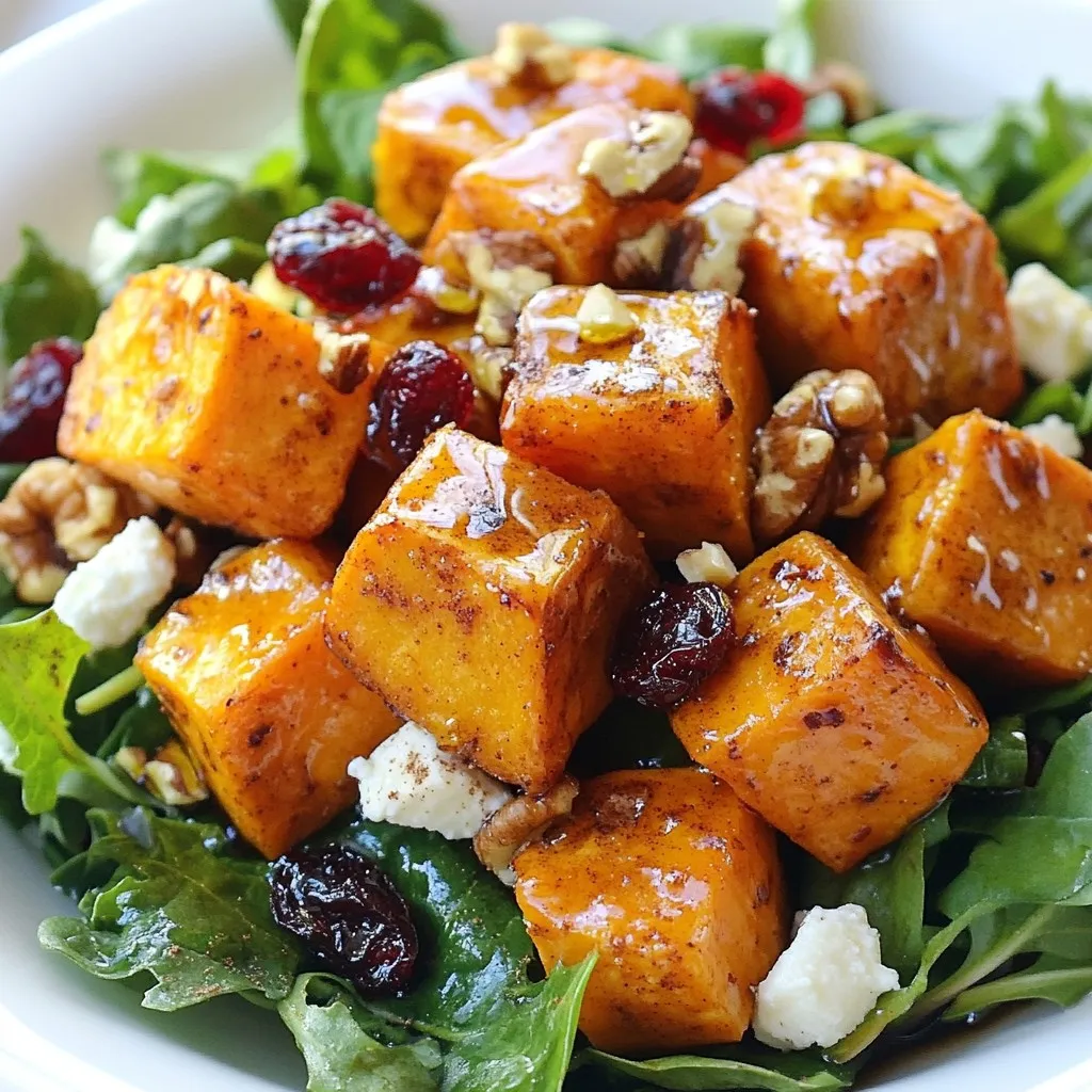 - 2 large sweet potatoes, peeled and cut into 1-inch cubes - 3 tablespoons extra virgin olive oil - 3 tablespoons pure maple syrup - 1 teaspoon ground cinnamon - 1/2 teaspoon ground nutmeg - Sea salt and freshly ground black pepper, to taste - 4 cups mixed salad greens (such as baby spinach, arugula, and kale) - 1/2 cup walnuts, roughly chopped - 1/2 cup dried cranberries - 1/4 cup feta cheese, crumbled - 2 tablespoons apple cider vinegar To make this salad, you need to measure your ingredients carefully. Start with the sweet potatoes. Make sure to peel them well. Cut them into 1-inch cubes for even cooking. Use a large mixing bowl to combine the sweet potatoes with olive oil, maple syrup, cinnamon, nutmeg, salt, and pepper. Toss them until each cube is well coated. This step adds great flavor. While preparing the salad greens, make sure they are fresh and clean. I love using a mix of baby spinach, arugula, and kale. The greens add color and texture to the dish. For the toppings, chop the walnuts roughly. You want big pieces for crunch. The dried cranberries give a pop of sweetness. Finally, crumble the feta cheese for a creamy touch. This salad is not just tasty; it's healthy too! Sweet potatoes are full of vitamins and fiber. They provide energy and help keep you full. Walnuts add healthy fats and protein, while cranberries offer antioxidants. The feta cheese adds calcium and protein, making this dish a balanced meal. If you want to enjoy a colorful and tasty meal, this salad is a great choice. You can feel good about what you’re eating while enjoying every bite! {{ingredient_image_2}} First, set your oven to 400°F (200°C). Preheating helps the sweet potatoes roast evenly. A hot oven gives them that nice golden color. This step is key for a great texture. Take two large sweet potatoes and peel them. Cut them into 1-inch cubes. In a large mixing bowl, add the sweet potatoes. Pour in three tablespoons of extra virgin olive oil and three tablespoons of pure maple syrup. Next, add one teaspoon of ground cinnamon and half a teaspoon of ground nutmeg. Season with sea salt and freshly ground black pepper to taste. Toss everything well. Make sure each piece is coated evenly. This mix brings out the sweet flavor. Spread the sweet potato cubes on a baking sheet. Lay them in a single layer. Place the tray in the preheated oven. Roast for 25-30 minutes. Stir halfway through to cook them evenly. You want them golden brown and tender. This step gives the salad its wonderful taste and texture. To get sweet potatoes just right, start with even-sized cubes. Cut them into 1-inch pieces. This helps them cook evenly. Use extra virgin olive oil for rich taste. Toss them well in a bowl with maple syrup, cinnamon, nutmeg, salt, and pepper. Spread them out on a baking sheet. Make sure they are not crowded. This allows them to roast rather than steam. Roast at 400°F for 25-30 minutes. Stir them halfway for a golden finish. They should be tender and slightly caramelized when done. While cinnamon and nutmeg add warmth, feel free to explore other flavors. Try rosemary or thyme for a fresh twist. Both herbs pair well with sweet potatoes. You can also add a pinch of cayenne for heat. Just a little will give a nice kick. Don't forget to adjust salt and pepper based on your taste. This will help balance the sweetness from the maple syrup. Serve the salad in individual bowls for a nice touch. Add extra walnuts and cranberries on top for color and texture. This makes the dish pop visually. You can also sprinkle some feta cheese on the side for a creamy bite. If you want a cool salad, chill it for about 20 minutes. This will make it refreshing. Enjoy this salad warm or cold; it’s tasty either way! Pro Tips Choose the Right Sweet Potatoes: Select firm sweet potatoes with smooth skin for the best flavor and texture. Avoid any with soft spots or blemishes. Let Them Cool: Allow the roasted sweet potatoes to cool slightly before mixing them into the salad. This helps maintain their shape and prevents wilting the greens. Adjust the Sweetness: You can modify the amount of maple syrup based on your taste preference. Feel free to add more or less to suit your desired sweetness level. Experiment with Greens: Feel free to swap out the salad greens for your favorite varieties. This salad pairs well with mixed greens, romaine, or even kale for added crunch. {{image_4}} You can change ingredients to fit different diets. For a vegan salad, skip the feta cheese. Instead, try avocado or a vegan cheese alternative. If you want more protein, add grilled chicken or chickpeas. For a nut-free option, replace walnuts with sunflower seeds. This keeps the crunch without the nuts. You can mix in seasonal fruits or veggies. In spring, add fresh peas or asparagus for crunch. In summer, swap in ripe tomatoes or cucumbers for brightness. Fall brings roasted beets or apples, which taste great with sweet potatoes. In winter, try adding roasted Brussels sprouts or pomegranate seeds for a pop of color. You can play with dressings to change flavors. For a creamy twist, mix Greek yogurt with lemon juice. If you like spicy, add a bit of sriracha to the apple cider vinegar. A honey mustard dressing gives a sweet and tangy taste. Experiment with your favorite flavors to make it your own! To keep your Maple Roasted Sweet Potato Salad fresh, store it in an airtight container. This will help maintain its flavor and texture. Place the salad in the fridge right after serving. It is best to separate the toppings, like walnuts and feta cheese, if you can. This prevents them from getting soggy. If you want to enjoy the salad warm again, reheat the sweet potatoes only. The greens won't taste good reheated. Place the sweet potatoes in a microwave-safe dish. Heat them for about 30 seconds to a minute. Stir gently and check the temperature. You want them warm, not hot. I do not recommend freezing this salad. Freezing can make the sweet potatoes mushy. The greens and toppings may also lose their crunch. If you have leftover sweet potatoes, you can freeze them alone. Just make sure they are cooled and stored in a freezer-safe bag. Use them later in another dish, like a soup or a casserole. This salad stays fresh for up to three days in the fridge. Store it in an airtight container. The sweet potatoes may soften over time, but the flavors will still be great. Yes, you can make this salad ahead of time. Roast the sweet potatoes and let them cool. You can mix them with the greens and toppings later. Keep the salad dressing separate until serving to keep everything fresh. To serve leftovers, gently toss the salad again. You can add a splash of olive oil or vinegar for extra flavor. If the salad seems dry, this will help revive it. Enjoy it cold or at room temperature for a tasty meal. In this article, we explored how to make delicious roasted sweet potatoes. We discussed the key ingredients, preparation steps, and important tips to get them just right. I shared various ways to make them suit your needs, from flavor variations to storage tips. Remember, roasting sweet potatoes can be simple and fun. With practice, you can create tasty dishes that everyone loves. Enjoy experimenting with flavors and serving your tasty creations!