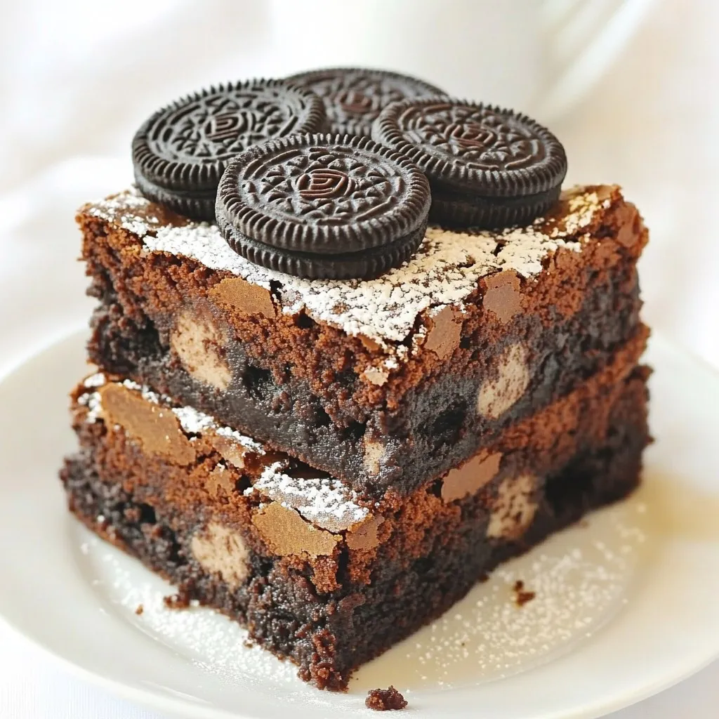 To make Oreo stuffed brownies, you need these key ingredients: - 1 cup unsalted butter, melted - 2 cups granulated sugar - 4 large eggs - 1 teaspoon pure vanilla extract - 1 cup all-purpose flour - 1 cup unsweetened cocoa powder - 1/2 teaspoon baking powder - 1/4 teaspoon fine sea salt - 20 Oreo cookies, whole - 1 cup chocolate chips (optional) Each ingredient plays an important role in creating a rich, fudgy brownie. The butter adds moisture and flavor, while sugar gives sweetness. Eggs provide structure and help with leavening. Cocoa powder brings deep chocolate flavor, and flour gives the brownies their texture. You can enhance your brownies with optional add-ins: - 1 cup chocolate chips - Nuts, such as walnuts or pecans - A pinch of sea salt on top Chocolate chips add extra richness, while nuts give crunch. A sprinkle of sea salt on top balances the sweetness. If you need to make changes, here are some tips: - For dairy-free, use coconut oil instead of butter. - Replace granulated sugar with coconut sugar for a lower glycemic index. - Use gluten-free flour as a substitute for all-purpose flour. These substitutions keep the brownies delicious while fitting your dietary needs. Always measure carefully for best results. {{ingredient_image_2}} First, preheat your oven to 350°F (175°C). Grease a 9x13 inch baking pan. Line it with parchment paper. Leave some paper hanging over the edges. This helps you lift the brownies out later. In a large bowl, mix the melted butter and sugar. Use a whisk to combine them well. I whisk for about 2 minutes. The mix should be smooth and shiny. In a separate bowl, whisk together the flour, cocoa powder, baking powder, and salt. Be sure they mix well. This step helps the brownies rise and taste great. Pour half of the brownie batter into your pan. Spread it evenly across the bottom. Next, lay 10 whole Oreo cookies on top, spaced out nicely. This is where the magic begins! Now, add the rest of the brownie batter. Spread it over the Oreos, covering them completely. Finally, place the last 10 Oreos on top and press them down a bit. Now it’s time to bake! Place the pan in the oven and bake for 25-30 minutes. Check for doneness with a toothpick. It should come out with a few moist crumbs. When done, let the brownies cool in the pan for 15 minutes. Use the parchment paper to lift them out. Transfer to a wire rack to cool completely. Once cool, cut them into squares. To keep your brownies light and fluffy, avoid overmixing. When you combine the wet and dry ingredients, mix until just combined. This means some flour pockets may still show. If you mix too much, the brownies can turn out tough. Remember, gentle folding is key! For the best brownie texture, pay attention to your baking time. Bake them until a toothpick has a few moist crumbs. If it comes out clean, they might be overcooked. Also, let them cool before cutting. This helps them set and makes them easier to slice. To present your brownies beautifully, use a decorative platter. Dust them with powdered sugar before serving. A scoop of vanilla ice cream on the side adds a creamy touch. Drizzle with chocolate sauce for that extra wow factor. Enjoy these treats with friends or family for a fun dessert experience! Pro Tips Brownie Texture: For fudgy brownies, avoid overmixing the batter after adding the flour. Mix until just combined. Oreo Placement: Press the Oreos gently into the batter before baking to ensure they stay in place and absorb some of the brownie moisture. Cooling Time: Allow the brownies to cool completely before cutting to achieve clean, even squares without crumbling. Serving Suggestion: For an extra indulgent treat, serve with a scoop of vanilla ice cream and a drizzle of hot fudge sauce. {{image_4}} You can switch up the Oreos in your brownies for fun. Try using mint Oreos for a fresh twist. Red Velvet Oreos add a lovely color and flavor. Peanut Butter Creme Oreos bring a rich, nutty taste. You can even mix and match different Oreos for a unique blend. Just remember to keep the total at 20 cookies. Think about adding some extra flavors to make these brownies shine. A handful of chopped nuts can add crunch. You could also add a teaspoon of espresso powder for a deeper chocolate flavor. Drizzling caramel sauce on top before baking gives a sweet surprise. If you love a bit of spice, add a dash of cinnamon or chili powder for warmth. You can make these brownies gluten-free easily. Just swap regular flour for gluten-free flour. For a dairy-free version, use coconut oil in place of butter. You can also choose dairy-free chocolate chips if you want that extra layer. These changes let everyone enjoy this tasty treat, no matter their diet. Store your Oreo stuffed brownies in an airtight container. This keeps them fresh and moist. Place a piece of parchment between layers to prevent sticking. Keep them at room temperature for up to four days. If you want them to last longer, put them in the fridge. They stay good for about a week when chilled. To freeze brownies, first cut them into squares. Wrap each piece tightly in plastic wrap. Then, place them in a freezer-safe bag or container. Label the bag with the date. These brownies can last up to three months in the freezer. When you're ready to enjoy them, simply thaw in the fridge overnight. To reheat, preheat your oven to 350°F (175°C). Place the brownies in an oven-safe dish. Cover them with foil to keep them from drying out. Heat for about 10-15 minutes. You can also microwave them. Heat on medium power for about 15-20 seconds. Enjoy them warm for that fresh-baked taste! Yes, you can use other cookies. Try chocolate sandwich cookies, peanut butter cookies, or even graham crackers. Each will change the flavor but still taste great. Experiment with your favorites for fun twists! Check the brownies at 25 minutes. Insert a toothpick in the middle. If it comes out with a few moist crumbs, they are done. If it’s wet, bake for a few more minutes. Keep an eye on them to avoid overbaking. You can make brownie bites! Pour the batter into mini muffin tins. Bake for about 15 minutes for tasty little treats. You can also save the batter in the fridge for a day or two. Just cover it well. To make brownies fudgier, use more butter or add an extra egg. You can also use less flour or add a bit of cream cheese. Baking them for less time can also help keep them soft and gooey. Enjoy your fudgy goodness! Oreo stuffed brownies combine simple ingredients for a fun treat. You learned about key ingredients, optional add-ins, and how to mix them. Following my step-by-step guide helped you layer the batter and Oreos for baking. I shared tips to keep your brownies perfect and ideas for tasty variations. Remember, proper storage keeps your brownies fresh longer. With the right methods, your brownies will shine. Enjoy sharing your delicious treats and experimenting with flavors!