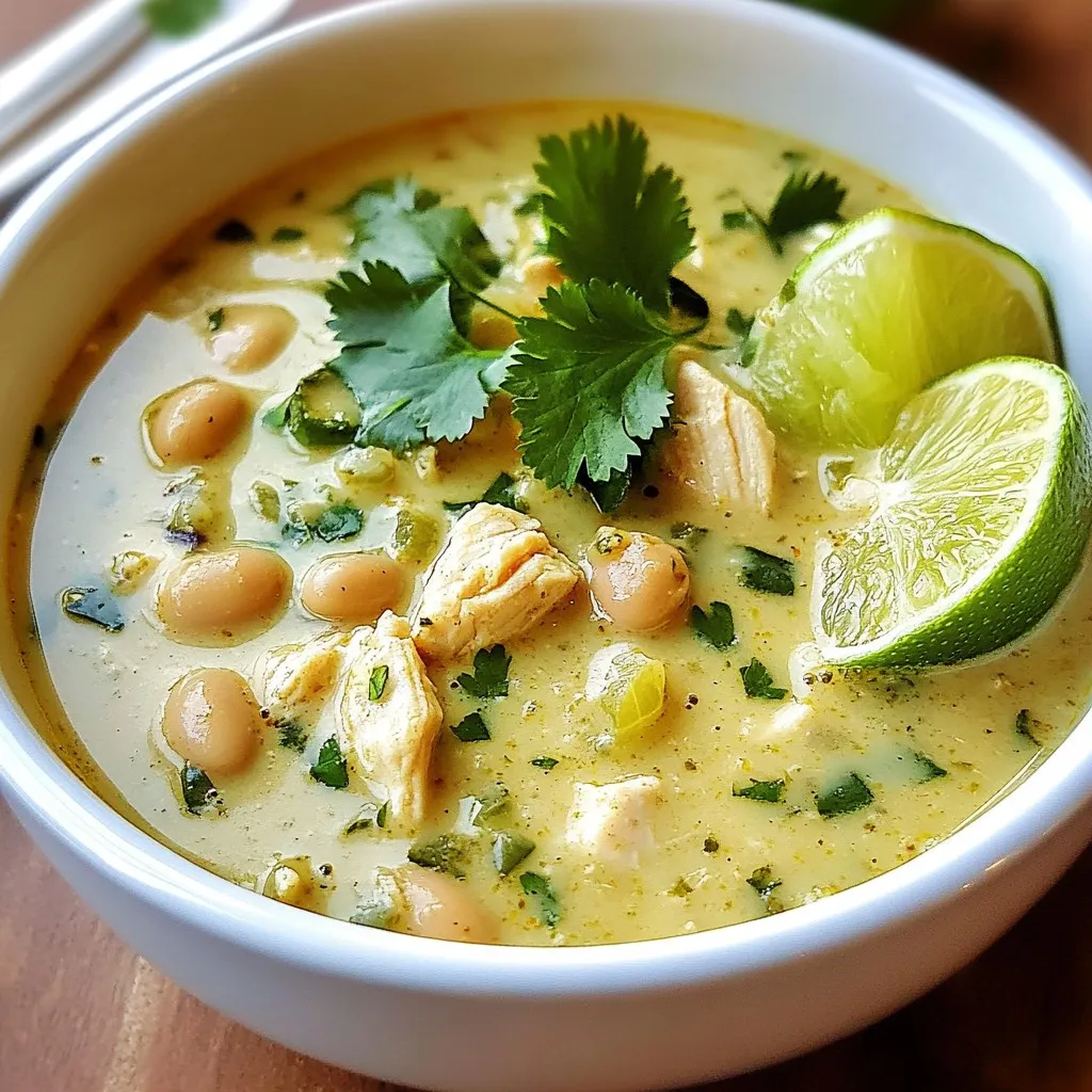 - 1 pound boneless, skinless chicken breasts, diced - 1 can (15 oz) white beans, such as cannellini or navy - 1 medium onion, finely chopped - 2 cloves garlic, minced - 1 can (4 oz) diced green chilies, drained - 1 cup low-sodium chicken broth - 1 cup heavy cream or coconut cream - 1 teaspoon ground cumin - 1 teaspoon chili powder - 1 teaspoon dried oregano - Sea salt and freshly cracked black pepper to taste - 2 tablespoons extra-virgin olive oil - Fresh cilantro, roughly chopped - Lime wedges You can swap chicken with turkey for a lighter twist. If you want a vegetarian option, use mushrooms or tofu instead of chicken. For the beans, any white bean will work. Use vegetable broth instead of chicken broth for a vegan dish. Coconut cream offers a rich, dairy-free choice. If you need a lower-fat option, use half-and-half in place of heavy cream. This recipe is flexible. You can adjust the spices to suit your taste. Enjoy experimenting as you make this chili your own! {{ingredient_image_2}} Start by heating the olive oil in a large pot over medium heat. Once hot, add the chopped onion. Sauté the onion for about 4-5 minutes. You want it soft and translucent. Next, add the minced garlic. Stir it for about 1 minute until it smells great but does not brown. This step builds a strong flavor base. Now, add the diced chicken to the pot. Sprinkle it with salt, pepper, cumin, chili powder, and oregano. Stir the chicken so it cooks evenly. Brown the chicken on all sides for about 5-7 minutes. This adds a nice depth of flavor to the dish. Pour in the chicken broth. Then, add the drained white beans and diced green chilies. Stir to mix everything well. Increase the heat just a bit until it starts to simmer. Once it simmers, lower the heat and cover the pot. Let it cook undisturbed for about 15 minutes. This helps all the flavors blend together. After 15 minutes, take it off the heat and gently stir in the heavy cream. If you prefer coconut cream, mix that in for a fun twist. Make sure the chili is creamy and smooth. Taste it and adjust the seasoning if needed. Serve it hot in bowls, topped with cilantro and a squeeze of lime. Enjoy! To make your chili creamy, use heavy cream or coconut cream. Stir it in slowly after cooking. This keeps the texture rich. If you want it extra smooth, blend some beans before adding them. This will thicken the chili without altering the taste. For deeper flavor, add spices like smoked paprika or cayenne. These will give your chili a nice kick. Fresh herbs, like cilantro, also add brightness. Squeeze lime juice just before serving for a fresh burst. You can even add a dollop of sour cream for extra richness. You can cook this chili on the stove or use a slow cooker. If you use a slow cooker, brown the chicken first for more flavor. Set it on low and let it cook for 6-8 hours. This method allows the flavors to blend deeply. If you're in a hurry, a pressure cooker can cut the time down to about 20 minutes. Just make sure to adjust the liquid as needed. Pro Tips Choose Quality Chicken: Select fresh, high-quality chicken breasts for the best flavor and texture in your chili. Adjust the Creaminess: For a lighter version, you can substitute half of the heavy cream with low-fat milk or additional chicken broth. Spice it Up: If you enjoy heat, add diced jalapeños or a pinch of cayenne pepper to the pot along with the spices. Fresh Herbs Matter: Always use fresh cilantro for garnish; it adds a vibrant flavor that enhances the overall dish. {{image_4}} For a dairy-free option, use coconut cream instead of heavy cream. This adds a sweet and rich flavor. It also keeps the chili creamy and delicious. You can find coconut cream in most grocery stores. Just look for it in the canned goods aisle. This simple swap makes the chili perfect for those who avoid dairy. Want to add some heat? Try adding jalapeños or cayenne pepper. These will give your chili a spicy kick. You can also use hot green chilies instead of mild ones. Adjust the amount based on your spice level preference. I often add a pinch of red pepper flakes for extra warmth. This spicy twist wakes up the flavors and excites your taste buds. To make a vegetarian version, skip the chicken. Use more white beans or add diced vegetables like zucchini or bell peppers. You can also add corn for sweetness and texture. Replace chicken broth with vegetable broth to keep it flavorful. This version is just as creamy and satisfying. You’ll still get a hearty meal full of flavor and nutrients. To keep your creamy white chicken chili fresh, store it in an airtight container. This helps lock in flavors and keeps it safe to eat. Let the chili cool before sealing it. You can store it in the fridge for up to four days. When you're ready to eat, give it a good stir before reheating. You can freeze this chili if you want to save some for later. Portion it into freezer-safe containers. Leave some space at the top since it will expand when frozen. It will stay good for about three months in the freezer. Thaw it in the fridge overnight before reheating. To reheat, you can use the stove or microwave. If using the stove, warm it over low heat. Stir it often to avoid burning. If using a microwave, place it in a microwave-safe bowl. Heat in short bursts, stirring in between, until it's hot. Always check the temperature before serving to ensure it’s heated through. You can enjoy this chili with many sides. Here are some great options: - Crusty bread for dipping - Tortilla chips for crunch - Rice for a filling meal - Cornbread for a sweet touch - A fresh green salad for balance These sides add flavor and texture to your meal. They also make it more fun to eat. Yes, you can make this chili in a slow cooker. Here’s how: 1. Sauté the onion and garlic in a pan first. 2. Add all ingredients to the slow cooker. 3. Set it on low for 6-8 hours or high for 3-4 hours. 4. Stir in the cream just before serving. Using a slow cooker makes this dish even easier. It allows the flavors to blend well over time. You can easily change the spice level in this chili. Here are some tips: - Use mild green chilies for less heat. - Add a pinch of cayenne for more spice. - Taste as you go; this helps you find the right balance. - Serve hot sauce on the side for those who like it spicy. These options let you customize your chili to suit your taste. Enjoy experimenting! In this post, we explored how to make creamy white chicken chili. We covered key ingredients, step-by-step instructions, and helpful tips. You can tweak the recipe for your taste, like trying a dairy-free or spicy version. For leftovers, I shared the best ways to store and reheat your chili. This dish is great for family meals or game days. With simple tweaks, you can make it your own. I hope you enjoy making your chili just as much as I do!