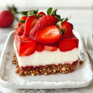 To make Strawberry Pretzel Dessert Bars, you need these ingredients: - 2 cups crushed pretzels - 1/2 cup unsalted butter, melted - 1/4 cup granulated sugar - 1 package (8 oz) cream cheese, softened - 1 cup powdered sugar - 1 cup whipped topping (like Cool Whip) - 2 cups fresh strawberries, hulled and sliced - 1 cup strawberry gelatin mix - 2 cups boiling water These ingredients combine to create a sweet, salty, and fruity treat that everyone loves. If you can't find some ingredients, here are a few swaps: - Use graham cracker crumbs instead of pretzels for the crust. - Swap margarine for unsalted butter if needed. - You can use any berry gelatin mix if you want to change the flavor. - Greek yogurt can replace cream cheese for a lighter option. These substitutions keep the dessert tasty while allowing some flexibility. When picking strawberries, look for these signs: - Choose bright red berries with no white or green spots. - Select berries that are firm and plump. - Check for any soft spots or bruises; avoid those. - If possible, smell them. A sweet scent means they are ripe. Fresh strawberries make the dessert shine and enhance the flavor, so choose wisely! {{ingredient_image_2}} First, set your oven to 350&deg;F (175&deg;C). This step is key for a good crust. In a bowl, mix 2 cups of crushed pretzels, 1/2 cup of melted butter, and 1/4 cup of sugar. Stir until everything comes together. Then, press this mixture firmly into the bottom of a greased 9x13 inch baking dish. This creates a nice base for the dessert. In a new bowl, beat 1 package of softened cream cheese and 1 cup of powdered sugar with an electric mixer. Mix until smooth. Next, fold in 1 cup of whipped topping gently using a spatula. This makes the creamy layer. In another bowl, dissolve 1 cup of strawberry gelatin mix in 2 cups of boiling water. Stir until it all dissolves. Let this mixture cool slightly. It should not set yet. Once the gelatin cools, fold in 2 cups of sliced strawberries. Then, spread the cream cheese mixture on top of the cooled pretzel crust. Pour the strawberry mixture over the cream cheese layer. Spread it evenly with a spatula. Place the baking dish in the fridge. Chill for at least 4 hours. This helps the gelatin set and makes the dessert firm. When ready, slice the bars and enjoy! To get the best pretzel crust, crush the pretzels finely. Use a food processor for even pieces. Mix the crushed pretzels with melted butter and sugar well. Press this mixture tightly into the baking dish. A firm base holds everything together. Bake it for just 10 minutes to avoid burning. To make sure the gelatin sets right, let the boiling water cool a bit before mixing in the gelatin. Stir it well until fully dissolved. If it&rsquo;s too hot, it can melt the cream cheese layer. Pour the cooled gelatin over the cream cheese slowly. It helps prevent mixing the layers. When serving, slice the bars into even squares for a neat look. Place them on a pretty platter. For a special touch, add whole strawberries on top. A sprinkle of crushed pretzels adds a nice crunch. You can also serve them with whipped cream on the side. Pro Tips Use Fresh Strawberries: For the best flavor and texture, always opt for fresh, ripe strawberries. They will enhance the overall taste and presentation of the dessert. Cool the Gelatin Properly: Make sure the gelatin mixture is cooled to room temperature before adding the strawberries. This prevents the strawberries from becoming mushy and ensures a well-set layer. Chill for Maximum Firmness: Allow the dessert to chill for a full 4 hours or overnight for the best results. This ensures the gelatin sets properly and the layers hold together when sliced. Experiment with Flavors: Feel free to experiment with different flavors of gelatin and fruits. Raspberry or blueberry gelatin paired with mixed berries can create a delicious variation. {{image_4}} You can easily switch strawberries for other fruits. Raspberries, blueberries, or peaches can work great. Each fruit adds its own flavor and color. For raspberries, use fresh ones for a tart kick. Blueberries provide a sweet taste, while peaches bring a juicy touch. Just chop or slice your chosen fruit to mix with the gelatin. This change keeps the dessert fun and fresh. If you want to skip the oven, you can make a no-bake version. Start by using the same pretzel crust method. Instead of baking, let it chill in the fridge for 30 minutes. While the crust sets, prepare your cream cheese mixture. Spread it over the crust as usual. For the top layer, mix the gelatin with cold water instead of boiling. This keeps the dessert firm without heat. Chill it for at least four hours before serving. You can easily change the cream cheese layer for more flavor. Try adding vanilla extract or lemon juice. This brings a lovely brightness to the dessert. You can also mix in some whipped cream for a lighter texture. For a richer taste, consider using mascarpone cheese instead of cream cheese. This makes the dessert even creamier and more delicious. To keep your bars fresh, place them in an airtight container. Store them in the fridge. They will stay good for about 3 to 5 days. If you want to enjoy them later, consider freezing them. You can freeze these bars for up to 2 months. First, slice the dessert into bars. Then, wrap each bar tightly in plastic wrap. Place them in a freezer-safe bag or container. Be sure to label the bag with the date to keep track. For short-term storage, a glass or plastic container with a lid works well. Make sure it&rsquo;s airtight. For long-term storage, use freezer bags made for freezing. They help keep out air and moisture. This way, your Strawberry Pretzel Dessert Bars remain tasty and fresh! To cut these bars well, chill them first. Use a sharp knife for clean cuts. Wipe the knife with a damp cloth after each cut. This helps avoid sticky messes. Cut them into squares or rectangles, depending on your preference. Yes, you can use sugar-free gelatin if you prefer. The flavor may be slightly different. However, it will still set well. Many enjoy the taste just as much. This option can help cut down on sugar. You can keep the bars in the fridge for up to five days. Be sure to cover them well. Use plastic wrap or an airtight container. This keeps them fresh and tasty for longer. Absolutely! You can make these bars one to two days ahead. Just allow enough time for them to chill. This dessert tastes even better after resting. The flavors will meld together nicely. These bars are tasty on their own. However, you can serve them with whipped cream or vanilla ice cream. A drizzle of chocolate sauce can add a fun twist. Fresh mint leaves also make a nice garnish. Enjoy the mix of flavors! You learned about the key ingredients and easy steps for making Strawberry Pretzel Dessert Bars. We discussed tips for choosing fresh strawberries and how to ensure the perfect pretzel crust. You can also try fun variations and smarter storage tips. This dessert is simple yet delicious. It impresses family and friends. Whether you bake or no-bake, enjoy making and sharing these bars. Your kitchen will be a happy place filled with sweetness.