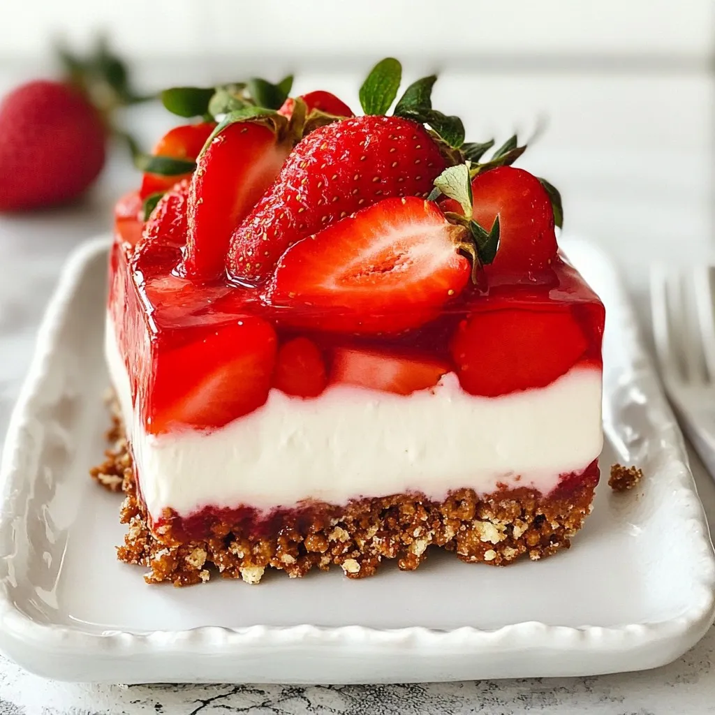 To make Strawberry Pretzel Dessert Bars, you need these ingredients: - 2 cups crushed pretzels - 1/2 cup unsalted butter, melted - 1/4 cup granulated sugar - 1 package (8 oz) cream cheese, softened - 1 cup powdered sugar - 1 cup whipped topping (like Cool Whip) - 2 cups fresh strawberries, hulled and sliced - 1 cup strawberry gelatin mix - 2 cups boiling water These ingredients combine to create a sweet, salty, and fruity treat that everyone loves. If you can't find some ingredients, here are a few swaps: - Use graham cracker crumbs instead of pretzels for the crust. - Swap margarine for unsalted butter if needed. - You can use any berry gelatin mix if you want to change the flavor. - Greek yogurt can replace cream cheese for a lighter option. These substitutions keep the dessert tasty while allowing some flexibility. When picking strawberries, look for these signs: - Choose bright red berries with no white or green spots. - Select berries that are firm and plump. - Check for any soft spots or bruises; avoid those. - If possible, smell them. A sweet scent means they are ripe. Fresh strawberries make the dessert shine and enhance the flavor, so choose wisely! {{ingredient_image_2}} First, set your oven to 350°F (175°C). This step is key for a good crust. In a bowl, mix 2 cups of crushed pretzels, 1/2 cup of melted butter, and 1/4 cup of sugar. Stir until everything comes together. Then, press this mixture firmly into the bottom of a greased 9x13 inch baking dish. This creates a nice base for the dessert. In a new bowl, beat 1 package of softened cream cheese and 1 cup of powdered sugar with an electric mixer. Mix until smooth. Next, fold in 1 cup of whipped topping gently using a spatula. This makes the creamy layer. In another bowl, dissolve 1 cup of strawberry gelatin mix in 2 cups of boiling water. Stir until it all dissolves. Let this mixture cool slightly. It should not set yet. Once the gelatin cools, fold in 2 cups of sliced strawberries. Then, spread the cream cheese mixture on top of the cooled pretzel crust. Pour the strawberry mixture over the cream cheese layer. Spread it evenly with a spatula. Place the baking dish in the fridge. Chill for at least 4 hours. This helps the gelatin set and makes the dessert firm. When ready, slice the bars and enjoy! To get the best pretzel crust, crush the pretzels finely. Use a food processor for even pieces. Mix the crushed pretzels with melted butter and sugar well. Press this mixture tightly into the baking dish. A firm base holds everything together. Bake it for just 10 minutes to avoid burning. To make sure the gelatin sets right, let the boiling water cool a bit before mixing in the gelatin. Stir it well until fully dissolved. If it’s too hot, it can melt the cream cheese layer. Pour the cooled gelatin over the cream cheese slowly. It helps prevent mixing the layers. When serving, slice the bars into even squares for a neat look. Place them on a pretty platter. For a special touch, add whole strawberries on top. A sprinkle of crushed pretzels adds a nice crunch. You can also serve them with whipped cream on the side. Pro Tips Use Fresh Strawberries: For the best flavor and texture, always opt for fresh, ripe strawberries. They will enhance the overall taste and presentation of the dessert. Cool the Gelatin Properly: Make sure the gelatin mixture is cooled to room temperature before adding the strawberries. This prevents the strawberries from becoming mushy and ensures a well-set layer. Chill for Maximum Firmness: Allow the dessert to chill for a full 4 hours or overnight for the best results. This ensures the gelatin sets properly and the layers hold together when sliced. Experiment with Flavors: Feel free to experiment with different flavors of gelatin and fruits. Raspberry or blueberry gelatin paired with mixed berries can create a delicious variation. {{image_4}} You can easily switch strawberries for other fruits. Raspberries, blueberries, or peaches can work great. Each fruit adds its own flavor and color. For raspberries, use fresh ones for a tart kick. Blueberries provide a sweet taste, while peaches bring a juicy touch. Just chop or slice your chosen fruit to mix with the gelatin. This change keeps the dessert fun and fresh. If you want to skip the oven, you can make a no-bake version. Start by using the same pretzel crust method. Instead of baking, let it chill in the fridge for 30 minutes. While the crust sets, prepare your cream cheese mixture. Spread it over the crust as usual. For the top layer, mix the gelatin with cold water instead of boiling. This keeps the dessert firm without heat. Chill it for at least four hours before serving. You can easily change the cream cheese layer for more flavor. Try adding vanilla extract or lemon juice. This brings a lovely brightness to the dessert. You can also mix in some whipped cream for a lighter texture. For a richer taste, consider using mascarpone cheese instead of cream cheese. This makes the dessert even creamier and more delicious. To keep your bars fresh, place them in an airtight container. Store them in the fridge. They will stay good for about 3 to 5 days. If you want to enjoy them later, consider freezing them. You can freeze these bars for up to 2 months. First, slice the dessert into bars. Then, wrap each bar tightly in plastic wrap. Place them in a freezer-safe bag or container. Be sure to label the bag with the date to keep track. For short-term storage, a glass or plastic container with a lid works well. Make sure it’s airtight. For long-term storage, use freezer bags made for freezing. They help keep out air and moisture. This way, your Strawberry Pretzel Dessert Bars remain tasty and fresh! To cut these bars well, chill them first. Use a sharp knife for clean cuts. Wipe the knife with a damp cloth after each cut. This helps avoid sticky messes. Cut them into squares or rectangles, depending on your preference. Yes, you can use sugar-free gelatin if you prefer. The flavor may be slightly different. However, it will still set well. Many enjoy the taste just as much. This option can help cut down on sugar. You can keep the bars in the fridge for up to five days. Be sure to cover them well. Use plastic wrap or an airtight container. This keeps them fresh and tasty for longer. Absolutely! You can make these bars one to two days ahead. Just allow enough time for them to chill. This dessert tastes even better after resting. The flavors will meld together nicely. These bars are tasty on their own. However, you can serve them with whipped cream or vanilla ice cream. A drizzle of chocolate sauce can add a fun twist. Fresh mint leaves also make a nice garnish. Enjoy the mix of flavors! You learned about the key ingredients and easy steps for making Strawberry Pretzel Dessert Bars. We discussed tips for choosing fresh strawberries and how to ensure the perfect pretzel crust. You can also try fun variations and smarter storage tips. This dessert is simple yet delicious. It impresses family and friends. Whether you bake or no-bake, enjoy making and sharing these bars. Your kitchen will be a happy place filled with sweetness.