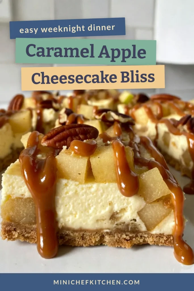 Indulge in the deliciousness of Caramel Apple Cheesecake Bars, the perfect fall dessert recipe! These easy cheesecake bars feature a creamy filling with fresh apples and a rich caramel topping. Perfect for gatherings or as a delightful treat at home. Impress your guests with homemade caramel sauce drizzled on top. Save this recipe for your next baking adventure! #CaramelAppleCheesecakeBars #CheesecakeDessertRecipes #FallDessertRecipes #EasyCheesecakeBars
