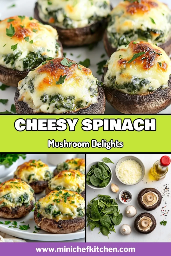Discover the perfect party treat with these Cheesy Spinach Stuffed Mushrooms! These vegetarian mushroom recipes are not only delicious but also easy to make. Each creamy portobello mushroom is loaded with a savory spinach and cheese mixture, making them ideal as Spinach and cheese appetizers. Bake these cream cheese stuffed mushrooms to golden perfection for a crowd-pleasing snack. Try this recipe today! #CheesyStuffedMushrooms #SpinachAndCheese #BakedPortobelloMushrooms #VegetarianRecipes