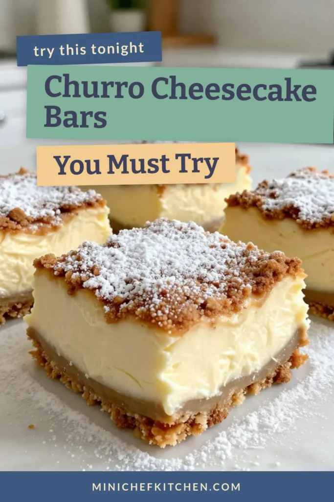 Indulge in these delicious churro cheesecake bars with this easy churro cheesecake bars recipe! Perfect for any occasion, these cream cheese dessert bars feature a delectable cinnamon sugar topping recipe that transforms a traditional cheesecake into a Mexican churro-inspired dessert. With just 20 minutes of prep time, satisfy your sweet cravings today and impress your guests! Save this recipe to try later! #ChurroCheesecake #DessertBars #MexicanDessert #EasyRecipe