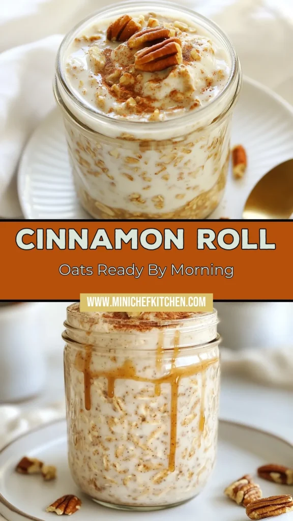 Start your day right with delicious cinnamon roll overnight oats! This healthy overnight oats recipe is a simple no-cook breakfast recipe that combines rolled oats, chia seeds, and almond milk, creating a quick meal that's both satisfying and nutritious. Packed with flavor and topped with optional Greek yogurt, these easy breakfast ideas are a must-try. Make your mornings easier! Save this recipe now! #CinnamonRollOvernightOats #HealthyBreakfast #NoCookRecipes #EasyOats