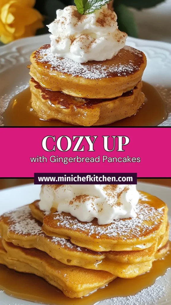 Start your holiday mornings right with this delightful gingerbread pancakes recipe! Perfect for festive brunch recipes and easy pancake recipes, these homemade gingerbread pancakes are spiced to perfection and will impress your family and friends. Serve them warm with maple syrup and whipped cream for a cozy holiday breakfast ideas. Save this recipe for your next celebration! #GingerbreadPancakes #FestiveBrunch #HolidayBreakfast #EasyPancakeRecipes