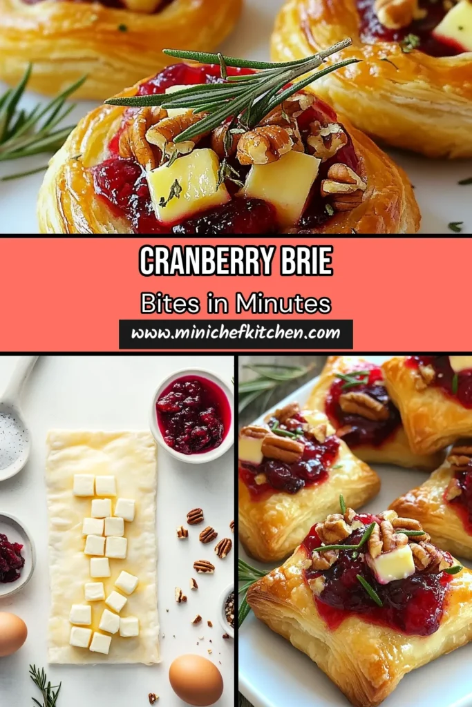 Indulge in these delicious Cranberry Brie bites, perfect for your next gathering! These easy puff pastry appetizers combine creamy Brie cheese and sweet cranberry sauce for a gourmet touch to your holiday snacks. Quick to make, they are sure to impress your guests. Try this simple recipe for the best Brie cheese appetizers that will leave everyone wanting more. Save this for the holidays! #PuffPastryAppetizers #GourmetRecipes #EasyHolidaySnacks #BrieCheeseAppetizers