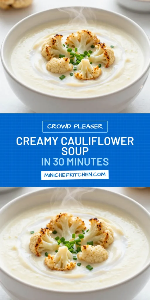 Looking for an easy and healthy soup recipe? Try this creamy roasted cauliflower soup! This vegan cauliflower soup features roasted cauliflower for added flavor, blended to creamy perfection. Made with simple ingredients like coconut milk, garlic, and spices, it’s a nutritious delight. Perfect for chilly days and meal prep! Save this delicious roasted cauliflower recipe now and enjoy a comforting bowl tonight. #CreamyCauliflowerSoup #VeganSoup #HealthyRecipes #SoupLovers