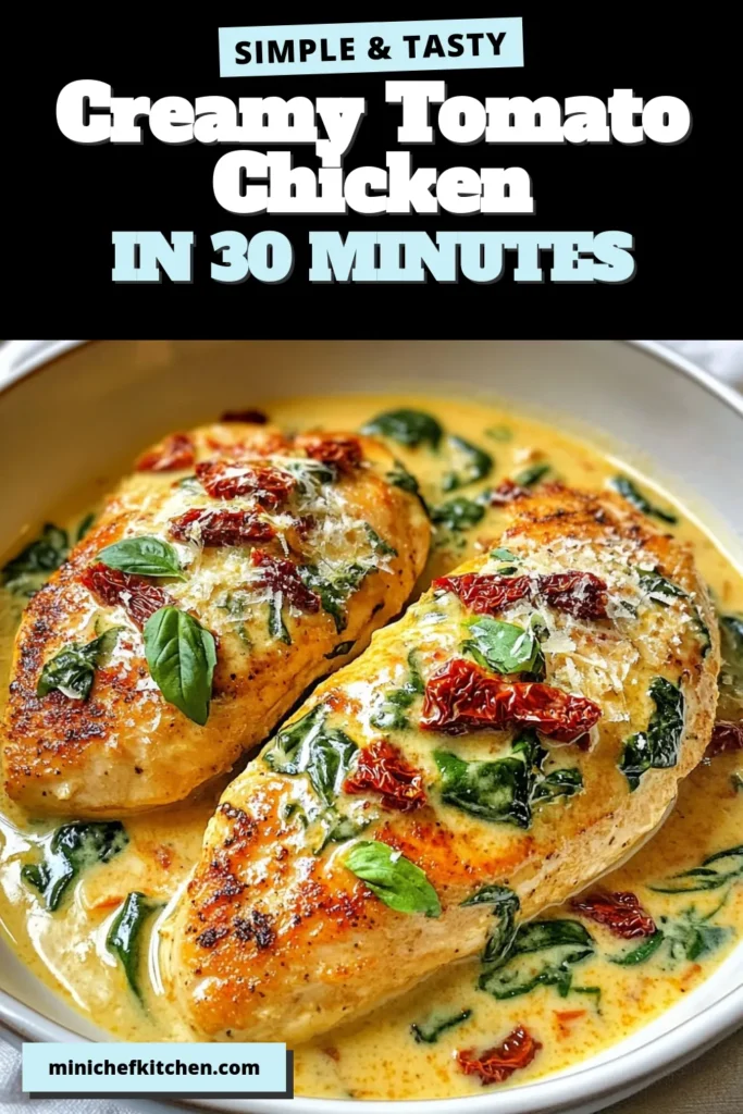 Discover the deliciousness of this creamy sun-dried tomato chicken recipe that’s perfect for an easy chicken dinner! This Italian chicken dish features tender chicken breasts simmered in a rich, creamy sauce with sun-dried tomatoes and fresh spinach, all made in a skillet. In just 30 minutes, you’ll have a delightful meal that's sure to impress. Save this recipe for your next family dinner! #SunDriedTomatoChicken #CreamyChickenRecipes #EasyChickenDinner #ItalianChickenDishes