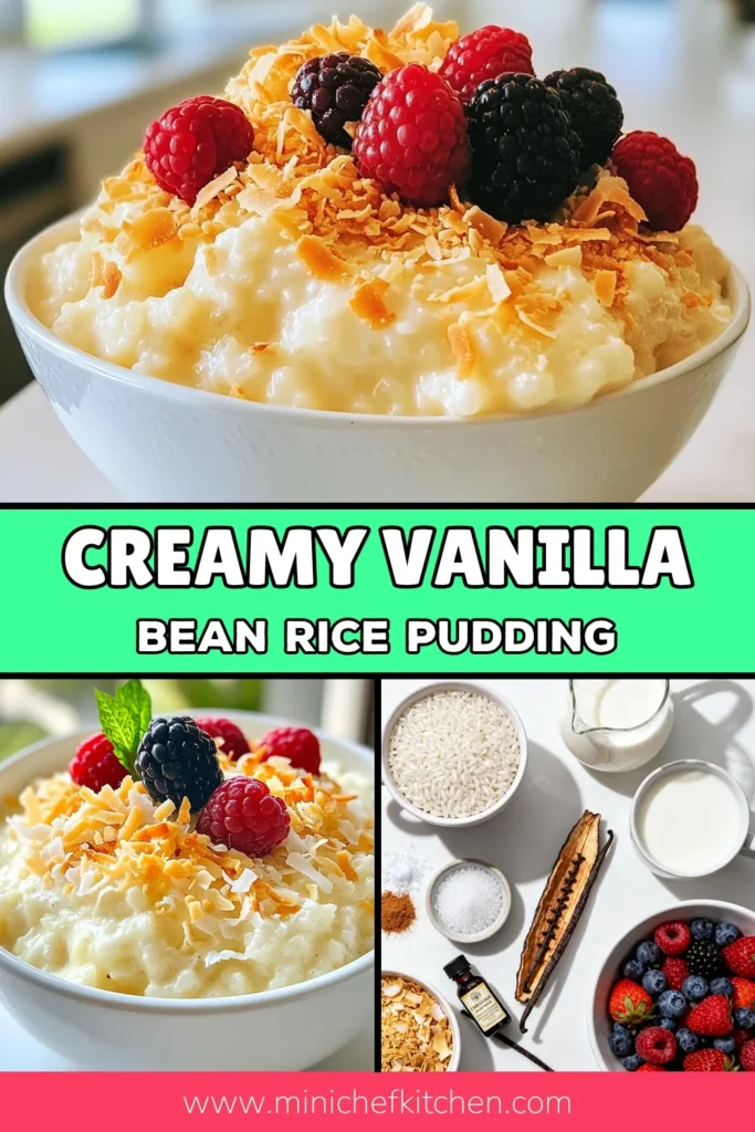 Indulge in this creamy coconut milk dessert with our delicious vanilla bean rice pudding recipe. Made with Arborio rice, this easy rice pudding with berries is perfect for any occasion. Enjoy it warm or chilled, garnished with fresh berries and crunchy toasted coconut flakes for a homemade vanilla pudding dessert that will impress. Try it today and elevate your dessert game! Save this recipe! #VanillaBeanRicePudding #RicePudding #CoconutMilkDessert #HomemadeDessert