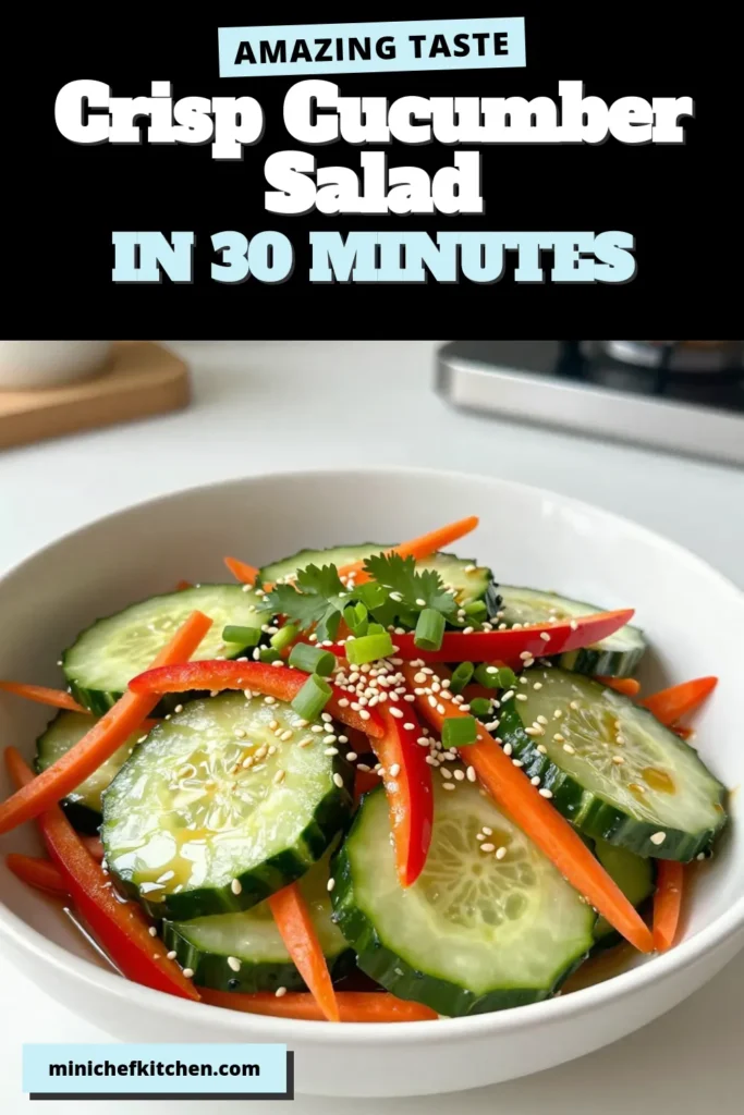 Looking for a refreshing dish? Try this crisp Asian cucumber salad that’s not only delicious but also a healthy cucumber salad option. This sesame cucumber recipe features thinly sliced cucumbers, colorful veggies, and toasted sesame seeds. Perfect as an Asian vegetable side dish, it’s easy to make and bursting with flavor. Save this recipe for your next meal and impress your guests! #CucumberSalad #HealthyRecipes #AsianCuisine #SaladIdeas
