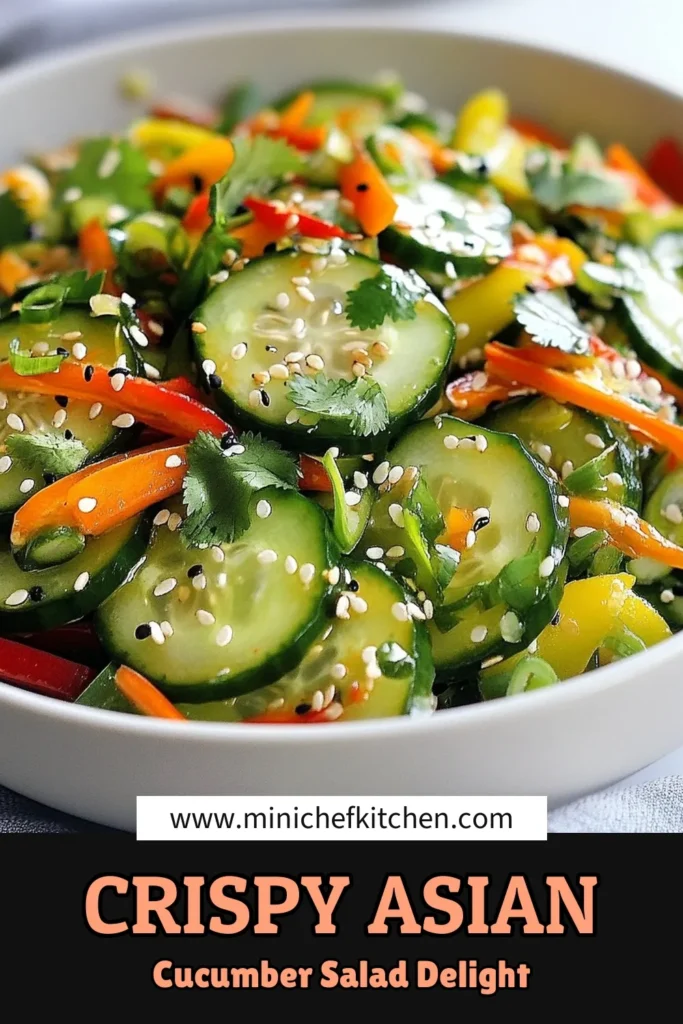 Discover a refreshing twist on your side dishes with this Crunchy Asian Cucumber Salad. This quick cucumber salad with sesame is a delightful blend of thinly sliced cucumbers, vibrant veggies, and a zesty dressing made with rice vinegar. Perfect as a healthy Asian side dish, this crunchy cucumber salad recipe is great for any meal. Enjoy this vibrant salad today and add a burst of flavor to your table! Save this recipe for later! #AsianCucumberSalad #CucumberSaladRecipe #HealthySides #QuickRecipes