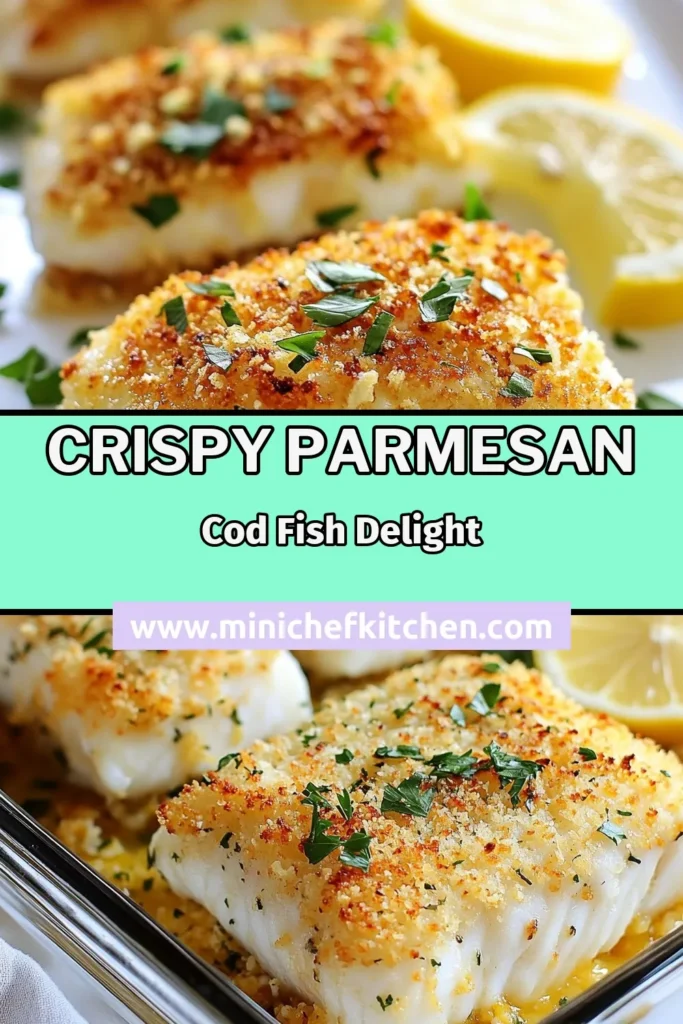 Discover the deliciousness of Zesty Parmesan Cod with this easy baked cod recipe! Our Parmesan Crusted Fish features crispy cod fillets that are simple to prepare, making it the perfect easy seafood dinner. Enjoy a burst of flavor with garlic, lemon zest, and a crunchy Parmesan topping. Try this recipe tonight for a delightful meal that's sure to impress! Save this for later! #ZestyParmesanCod #ParmesanCrustedFish #EasySeafoodDinner #BakedCodRecipe