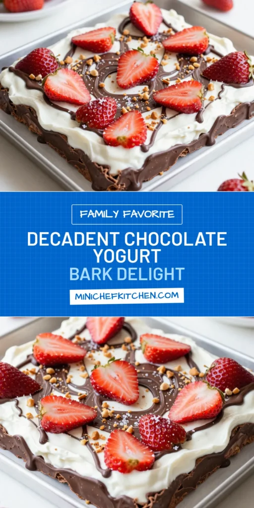 Indulge in this delightful chocolate strawberry yogurt bark, the perfect healthy yogurt dessert recipe! Made with creamy Greek yogurt and topped with fresh strawberries and melted dark chocolate, this easy chocolate treat is a must-try. It's a guilt-free frozen yogurt snack that satisfies your cravings. Perfect for sharing or enjoying solo, give this recipe a try today! Save this delicious recipe for later! #HealthyDesserts #YogurtBark #ChocolateTreats #FrozenSnacks