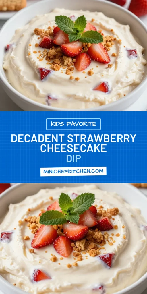 Indulge in this irresistible strawberry cheesecake dip, an easy cheesecake dip recipe that's perfect for any gathering! This no bake strawberry dip combines creamy cream cheese with fresh strawberries for a delightful cream cheese dessert dip. It's a quick and delicious fresh fruit dip recipe that everyone will love. Serve it with apples or graham crackers and watch it disappear! Save this recipe for your next event! #StrawberryCheesecakeDip #NoBakeDip #CreamCheeseDessert #FreshFruitDip