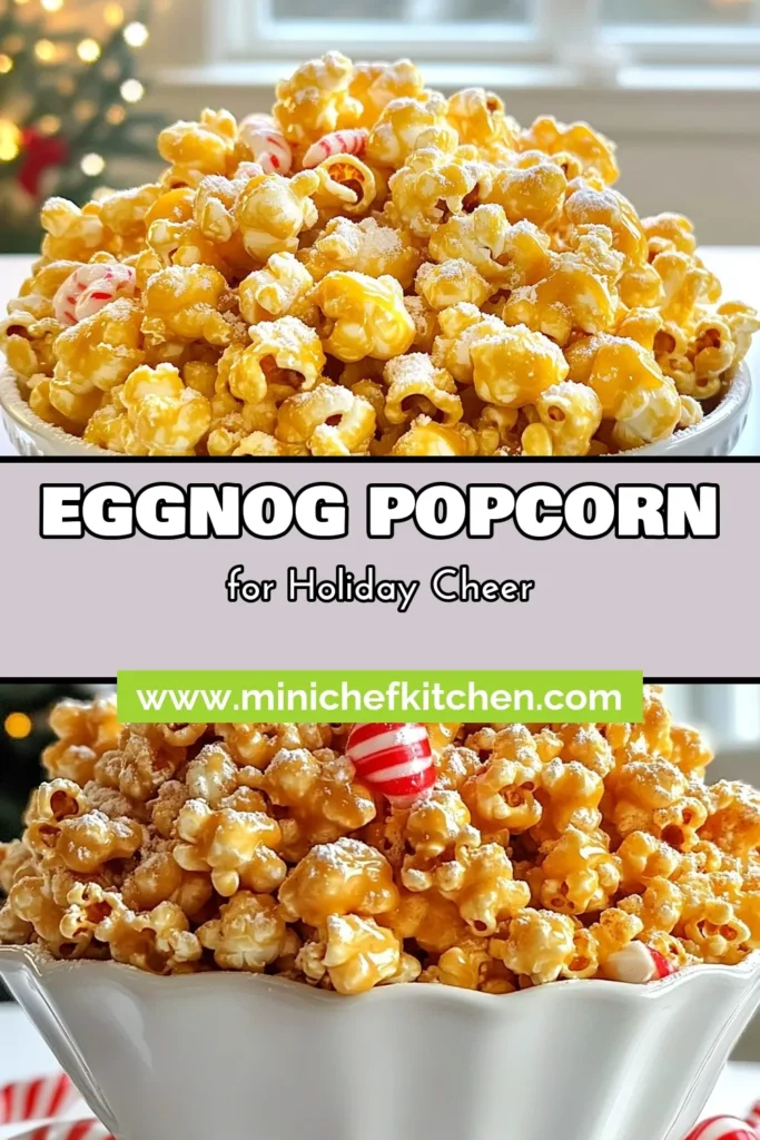 Discover the perfect holiday snack with this easy Eggnog popcorn recipe! It's a delicious blend of buttery popcorn, sweet caramel, and festive spices—sure to be a hit at any gathering. This festive popcorn treat doubles as a great gift idea too! Indulge in this sweet popcorn dessert and impress your friends with these Christmas popcorn recipes. Save this recipe for a delightful holiday treat! #EggnogPopcorn #HolidaySnackIdeas #FestivePopcornTreats #SweetPopcornDesserts