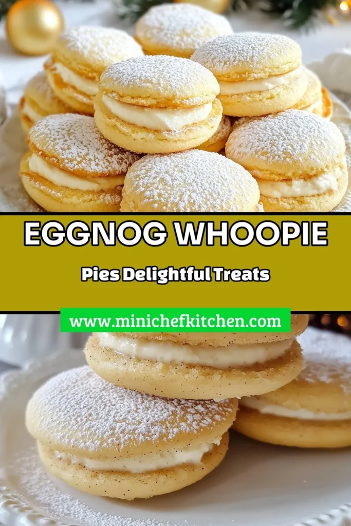 Indulge in the holiday spirit with these Eggnog Whoopie Pies, a perfect addition to your festive cookie ideas! This easy whoopie pie recipe features soft cookies filled with a creamy filling that's sure to delight. Whether you're looking for holiday dessert recipes or a unique treat to impress guests, these Eggnog Whoopie Pies will be a hit. Save the recipe for your holiday baking! #EggnogWhoopiePies #HolidayDessertRecipes #FestiveCookieIdeas #EasyWhoopiePieRecipe