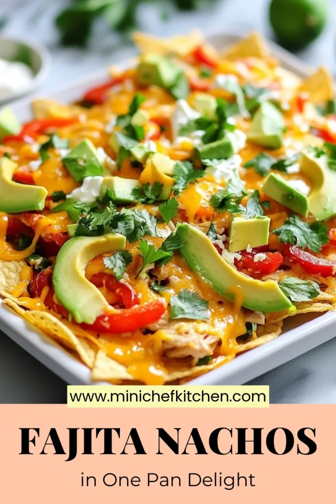 Looking to elevate your snack game? Try this sheet pan chicken fajitas and transform them into a mouthwatering chicken fajita nachos recipe! Packed with flavor, these easy nachos with chicken feature baked chicken nachos smothered in cheese, colorful veggies, and topped with fresh avocado. Perfect for any gathering! Follow this simple tortilla chip nachos recipe and get ready to impress. Save this idea for your next party! #SheetPanFajitas #NachosRecipe #EasyDinner #PartyFood