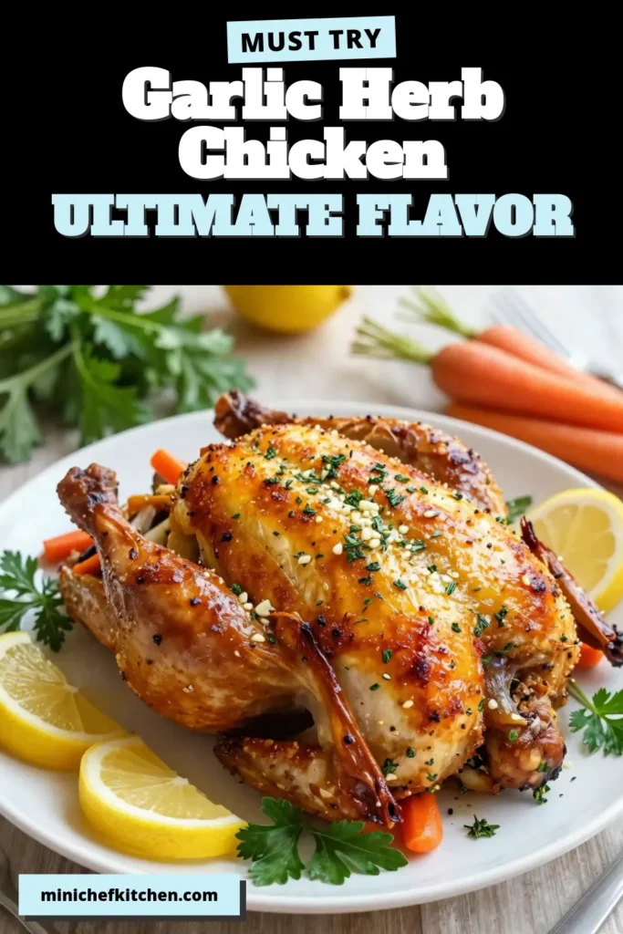 Elevate your dinner with this juicy Garlic Herb Roasted Chicken that is perfect for any occasion! This easy chicken dinner features a whole roasted chicken recipe infused with garlic, fresh herbs, and lemon for irresistible flavor. With simple preparation steps, you can enjoy a delightful herb-infused chicken recipe in just over an hour. Don’t miss out on this culinary delight - save this recipe now! #GarlicHerbChicken #RoastedChicken #EasyDinner #ChickenRecipe