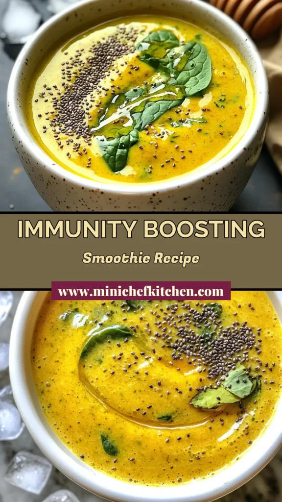 Boost your health with this delicious Turmeric Ginger Immunity Smoothie! Packed with nutrients, this immunity-boosting smoothie combines frozen banana, fresh spinach, turmeric, ginger, and creamy coconut milk. Perfect as a healthy spinach smoothie, it's also a fantastic vegan turmeric recipe featuring chia seeds for added texture. Blend up this tasty chia seed smoothie recipe for a refreshing, energizing treat today! #HealthySmoothie #VeganRecipes #ImmunityBoost #SmoothieRecipes