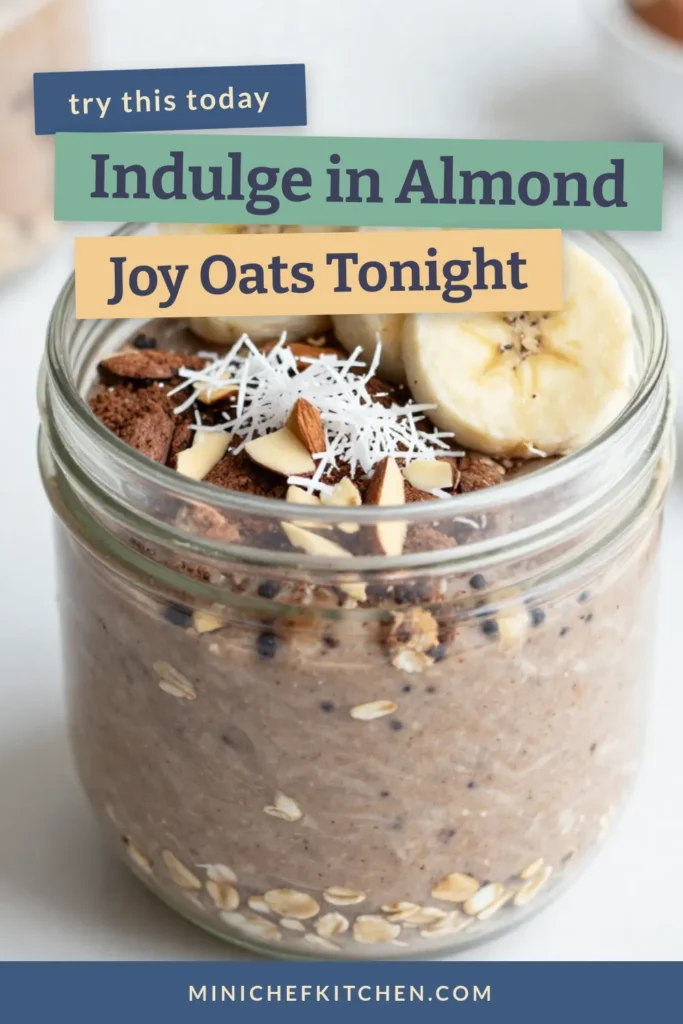 Indulge in a deliciously healthy breakfast with our Almond Joy overnight oats! This easy breakfast idea combines rolled oats, almond milk, cocoa powder, shredded coconut, and chopped almonds for a nutritious start to your day. Perfect as a no-cook oatmeal recipe, it’s a satisfying way to enjoy coconut almond oatmeal. Make it tonight for a quick and tasty morning treat! Try this healthy overnight oats recipe today! #OvernightOats #HealthyBreakfast #NoCookRecipes #AlmondJoyOats
