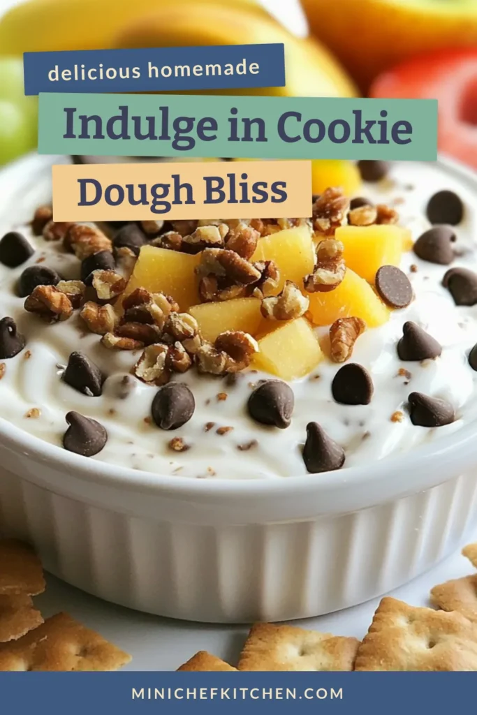 Indulge in the creamy goodness of this cookie dough Greek yogurt dip, a healthy dessert dip that's perfect for any occasion. Packed with protein from Greek yogurt and the rich flavor of mini chocolate chips, this easy snack recipe is a must-try! Serve it with fruits or crackers for a delicious treat. Discover how simple it is to whip up this delightful dip with our easy Greek yogurt recipes. Save this for your next gathering! #HealthyDessert #GreekYogurtRecipes #ChocolateChipDip #EasySnackRecipes