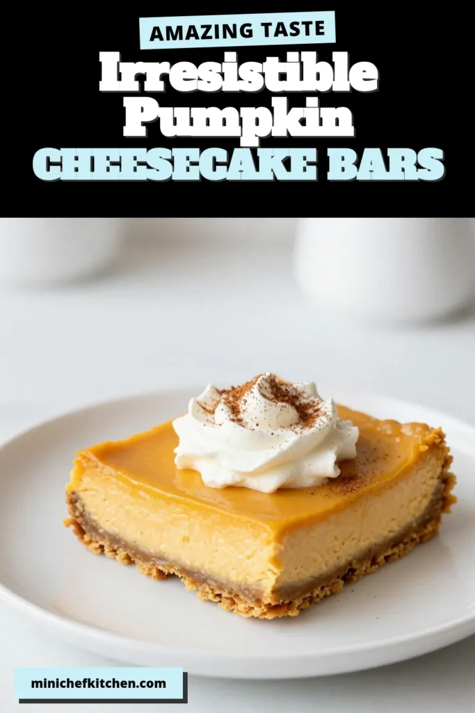 Indulge in these delicious Pumpkin Pie Cheesecake Bars, the perfect easy pumpkin cheesecake recipe for fall! Creamy pumpkin dessert bars with a rich cream cheese filling and a crispy graham cracker crust make an irresistible treat. Impress your guests at fall gatherings with this delightful dessert with cream cheese and pumpkin. Don't forget to save this recipe for your next cozy occasion! #PumpkinDesserts #FallRecipes #PumpkinCheesecake #DessertBars