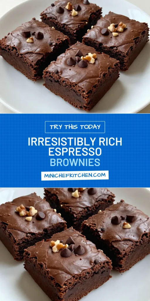 Indulge your sweet tooth with these delicious chocolate espresso brownies! This fudgy brownie recipe combines rich chocolate and robust espresso for a decadent dessert. Perfect for any occasion, this easy brownie recipe will impress your friends and family. Enjoy homemade chocolate brownies with a touch of caffeine that’ll boost your day. Save this recipe for a perfect sweet treat! #ChocolateEspressoBrownies #EasyBrownieRecipe #HomemadeBrownies #EspressoBrownieDessert