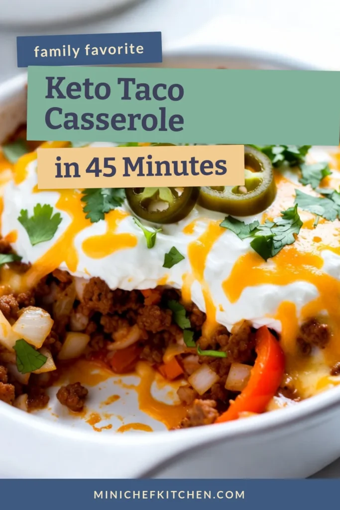 Discover the deliciousness of Keto Taco Casserole, a perfect low-carb taco casserole that is both satisfying and easy to make. This easy keto dinner recipe features ground beef, colorful bell peppers, and cauliflower rice for a healthy twist. Bake it with gooey cheese for a family-friendly meal everyone will love! Try this ground beef casserole tonight. Save the recipe for later! #KetoTacoCasserole #LowCarb #EasyKetoDinner #CauliflowerRiceRecipes