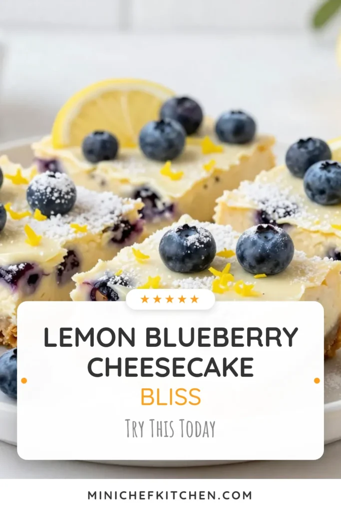 Looking for a refreshing treat? Try these lemon blueberry cheesecake bars! This zesty cheesecake recipe is a perfect blend of tart lemon and sweet blueberries in an easy cheesecake dessert that requires no baking. Great for summer gatherings or any day craving, these blueberry dessert recipes are sure to impress. Don’t miss out—save this recipe and give it a try! #LemonBlueberryCheesecakeBars #NoBakeLemonBars #DessertRecipes #CheesecakeDessert