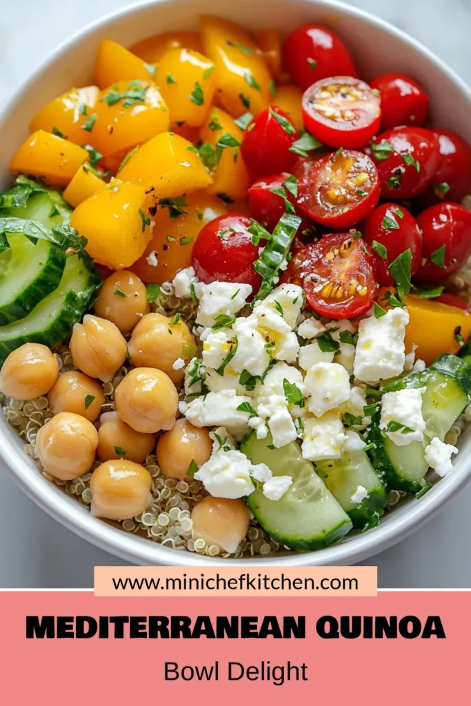 Discover the ultimate Mediterranean quinoa salad with this easy quinoa bowl recipe! Packed with fresh veggies, chickpeas, and optional feta, this healthy Mediterranean recipe is perfect for lunch or dinner. Enjoy a delicious vegetarian quinoa dish that’s both nutritious and flavorful. Try it now and elevate your meals with this tasty chickpea salad bowl! Save this recipe for a healthy option anytime! #MediterraneanQuinoaSalad #QuinoaBowlRecipe #HealthyMediterraneanRecipes #VegetarianQuinoaDishes