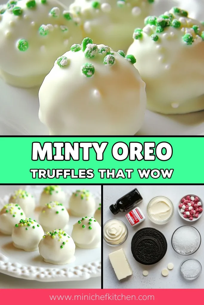 Indulge in these Mint Oreo truffles, the perfect no-bake holiday treats! This peppermint dessert recipe combines creamy white chocolate truffles with crushed Oreo cookie balls, creating a minty delight everyone will love. Ideal for parties or festive gatherings, these Oreo truffles are easy to make and simply delicious. Save this recipe for your holiday baking! #MintOreoTruffles #WhiteChocolateTruffles #PeppermintDessertRecipe #OreoCookieBalls