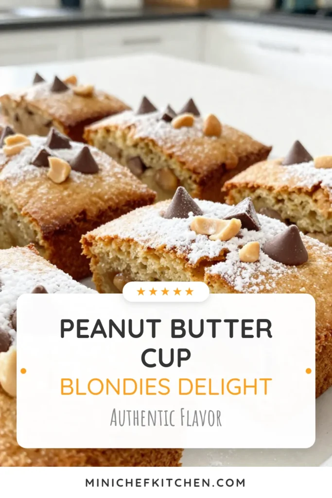 Satisfy your sweet tooth with these irresistible Peanut Butter Cup Blondies! This easy blondie recipe combines creamy peanut butter, rich chocolate peanut butter cups, and a sprinkle of chocolate chips for a delightful dessert. Perfect for any occasion, these peanut butter desserts are sure to impress. Get your baking skills ready and whip up a batch today! Save this recipe for later! #PeanutButterBlondies #BlondieRecipe #PeanutButterDesserts #EasyBlondies