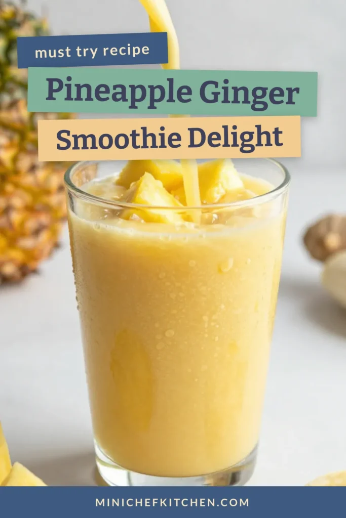 Indulge in the tropical goodness of this Pineapple Ginger Smoothie! This healthy smoothie with ginger combines fresh pineapple, ripe banana, and creamy coconut milk for a refreshing smoothie recipe. With a hint of sweetness from honey or maple syrup, it's perfect for any time of day. Try this easy tropical smoothie recipe today and elevate your smoothie game! Save this recipe for a delicious boost! #SmoothieRecipe #HealthyLiving #TropicalVibes #CoconutMilkSmoothie