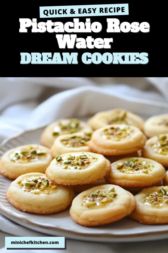 Try these delightful Pistachio Rose Water Cookies for a unique twist on traditional cookie recipes with pistachios. This easy rose water cookies recipe combines the nutty flavor of pistachios with aromatic rose water for a deliciously chewy dessert. Perfect for any occasion, these homemade rose water cookies are sure to impress! Save and share this recipe to spread the joy of baking! #PistachioCookies #RoseWaterDesserts #HomemadeCookies #PistachioDesserts