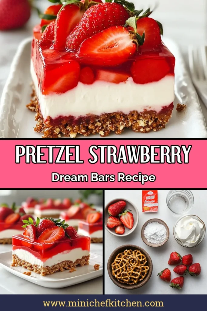 Indulge in these irresistible Strawberry Pretzel Dessert Bars, featuring a crunchy pretzel base and a creamy filling. This no-bake strawberry dessert is perfect for any occasion! Enjoy the refreshing layers with our easy pretzel crunch recipe, topped with strawberry gelatin and fresh strawberries. Make this creamy strawberry dessert bars recipe today and impress your guests! Save this recipe for your next gathering! #StrawberryDessert #NoBakeTreats #DessertBars #EasyRecipes