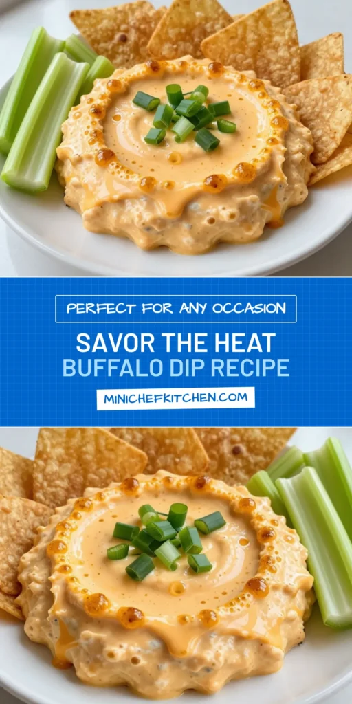 Get ready to spice up your next gathering with this creamy buffalo chicken dip! This easy party dip recipe combines succulent shredded chicken with a velvety blend of cream cheese, sour cream, and buffalo sauce for a mouthwatering treat. Perfect as a baked buffalo dip, it's sure to be a hit with family and friends. Serve it warm with tortilla chips or celery sticks for dipping. Try this creamy buffalo dip recipe today and watch it disappear! #BuffaloChickenDip #PartyRecipes #SpicyCheeseDip #BakedBuffaloDip