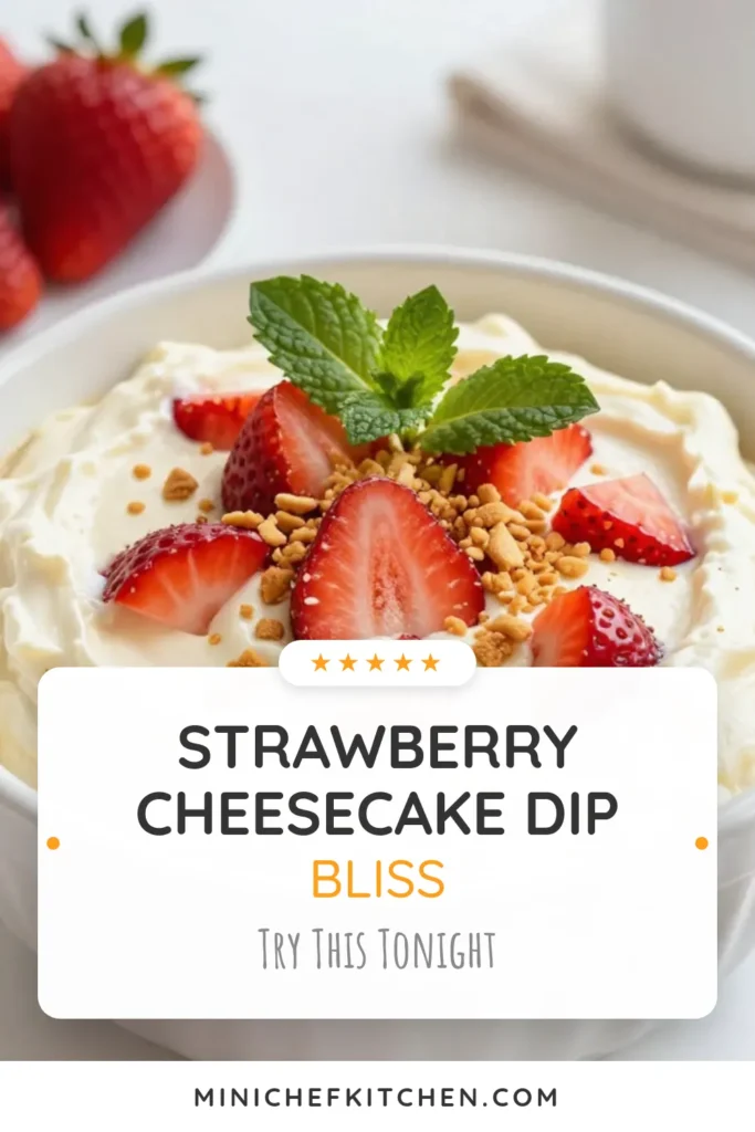 Indulge in this delicious strawberry cheesecake dip that's sure to wow your guests! This easy dessert dip combines creamy cream cheese and fresh strawberries for a delightful no-bake cheesecake dip. Perfect for any occasion, this creamy fruit dip can be served with cookies, fruit slices, or pretzel crisps. Try this refreshing twist on fresh strawberry recipes today! Save this recipe for a delightful treat! #StrawberryCheesecakeDip #EasyDessertDips #NoBakeCheesecakeDip #CreamyFruitDip