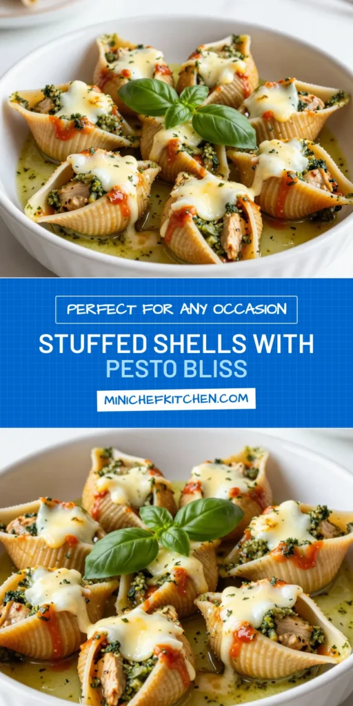 Indulge in this delicious Pesto Chicken Stuffed Shells recipe, perfect for a cozy dinner! Filled with shredded chicken, creamy ricotta, and fresh basil pesto, these jumbo pasta shells create an easy baked pasta casserole the whole family will love. Serve with marinara sauce and melted mozzarella for the ultimate chicken pesto dinner. Try this simple Jumbo Pasta Shells recipe today and savor every bite! #PastaRecipes #DinnerIdeas #EasyRecipes #ComfortFood