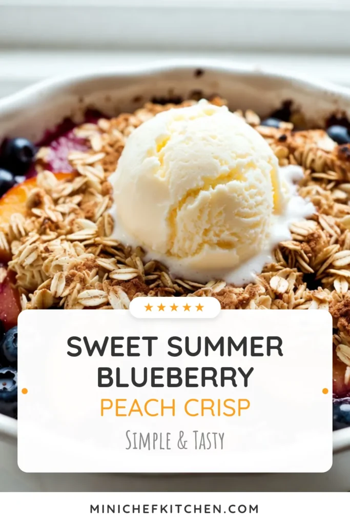 Indulge in this delicious blueberry peach crisp, a simple yet delightful summer dessert recipe that the whole family will love! This easy fruit crisp recipe features juicy blueberries and ripe peaches, topped with a healthy oat topping crisp for a homemade crumble dessert that's perfect for any occasion. Bake it in just 50 minutes! Don’t forget to save this recipe and enjoy it with a scoop of ice cream. #BlueberryPeachCrisp #EasyCrispRecipe #SummerDessert #HomemadeDessert