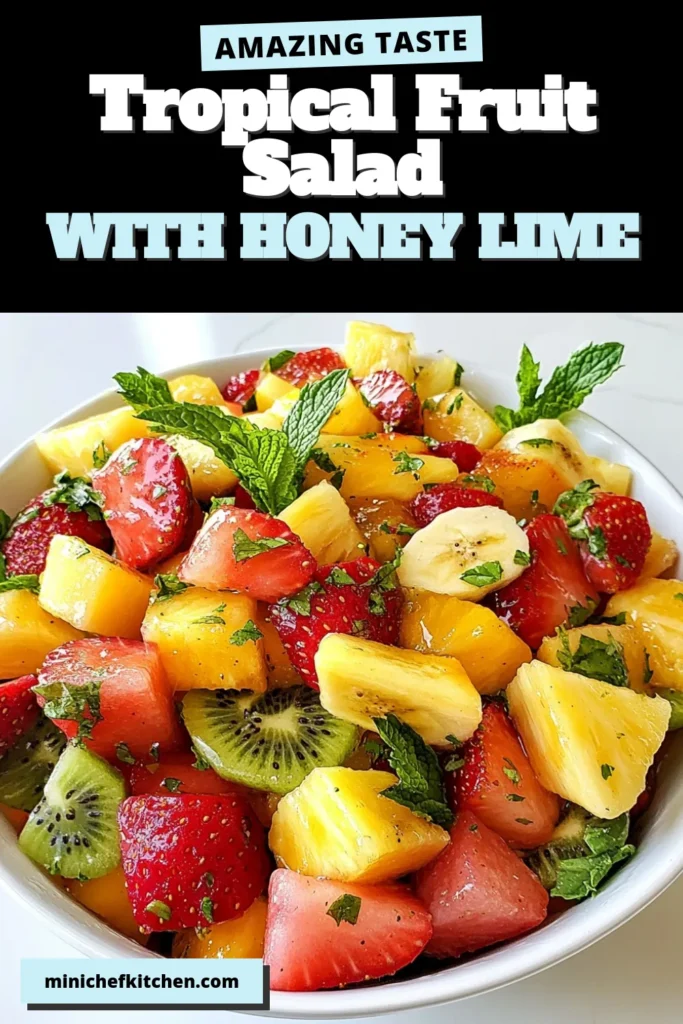 Elevate your summer gatherings with this Tropical Honey Lime Fruit Salad! This fresh fruit salad recipe combines vibrant tropical fruits like pineapple, watermelon, kiwi, strawberries, and banana, all drizzled with a delicious honey lime dressing. It's the perfect easy summer salad that refreshes and impresses. Dive into this tropical fruit recipe and bring a burst of flavor to your table. Save this recipe for your next picnic! #FruitSalad #SummerRecipes #HealthyEats #TropicalDelight