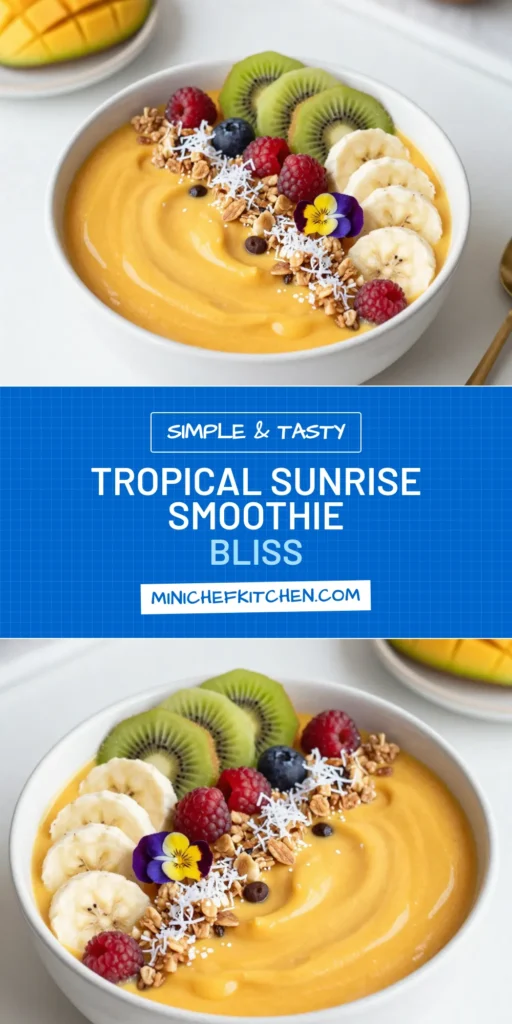 Start your day with a refreshing Tropical Sunrise Smoothie Bowl! This delicious mango smoothie recipe blends frozen mango, banana, coconut milk, and orange juice for a creamy texture. Elevate your healthy breakfast recipe with smoothie bowl toppings like kiwi, shredded coconut, granola, and fresh berries. Enjoy a burst of tropical flavors that’s perfect for any morning. Save this recipe for your next breakfast adventure! #TropicalSmoothieBowl #HealthyBreakfast #SmoothieBowlToppings #TropicalFruitSmoothie