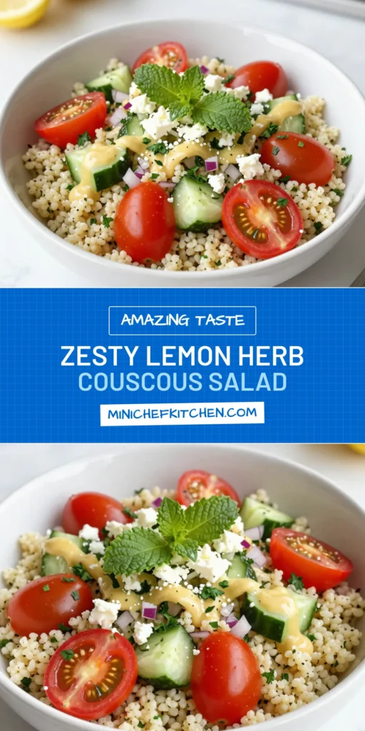 Discover a refreshing Lemon Herb Couscous Salad that's perfect for any gathering! This Mediterranean couscous salad recipe features vibrant vegetables, fragrant herbs, and a touch of feta for a healthy cold couscous salad. Ideal as a light lunch or side dish, this easy couscous salad with vegetables is vegetarian and bursting with flavor. Save this delicious recipe and bring a taste of the Mediterranean to your table! #CouscousSalad #HealthyEating #MediterraneanRecipes #VegetarianDish