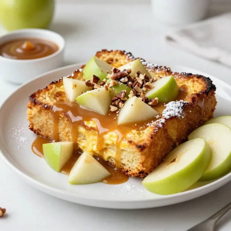 - Day-old brioche or challah bread - Eggs, milk, and heavy cream - Brown sugar, vanilla extract, and spices - Apples and caramel sauce - Optional nuts and powdered sugar The heart of my Caramel Apple French Toast Casserole lies in its simple yet delicious ingredients. I always choose a loaf of day-old brioche or challah bread. The bread's soft texture soaks up the egg mixture perfectly. I cut it into 1-inch cubes, which makes it easy to mix. Next, I gather three large eggs, two cups of whole milk, and one cup of heavy cream. This creamy trio gives the casserole its rich base. I add half a cup of packed brown sugar for sweetness. A teaspoon of pure vanilla extract adds a lovely depth of flavor. For spice, I use one teaspoon of ground cinnamon and a pinch of freshly grated nutmeg. These spices bring warmth and comfort to the dish. Then, I dice three medium apples, like Granny Smith or Honeycrisp. Their tartness balances the sweetness of the caramel. Speaking of caramel, I always keep half a cup of caramel sauce on hand. You can buy it or make your own. For an added crunch, I like to include half a cup of chopped pecans or walnuts. Lastly, I dust the casserole with powdered sugar for a sweet finish. With these ingredients ready, you prepare to create a warm and inviting dish that everyone will love. {{ingredient_image_2}} 1. First, preheat your oven to 350°F (175°C). This step is key for even cooking. 2. Next, grease a 9x13 inch baking dish with butter or non-stick spray. This prevents sticking later. 3. In a large bowl, whisk together 3 eggs, 2 cups of milk, and 1 cup of heavy cream. Add 1/2 cup of brown sugar, 1 teaspoon of vanilla extract, 1 teaspoon of ground cinnamon, and 1/4 teaspoon of freshly grated nutmeg. Mix until smooth. 4. Carefully fold in 12 cups of cubed bread and 3 diced apples. Make sure each piece is well coated. Let this sit for 10-15 minutes so the bread can soak up the mixture. 1. Once ready, transfer the bread and apple mixture to your greased baking dish. Spread it out evenly. 2. Drizzle half of the 1/2 cup of caramel sauce over the top. If you like, sprinkle with 1/2 cup of chopped nuts. 3. Place the dish in the oven and bake for 45-50 minutes. Look for a golden brown top and a clean toothpick when inserted. 1. After baking, let the casserole cool for about 10 minutes. This helps the layers set. 2. Serve warm. Drizzle the remaining caramel sauce over each portion. If you want, dust with powdered sugar for a sweet finish. Enjoy this delightful dish! - Choosing the right bread: I recommend using day-old brioche or challah bread. This bread has a soft texture that absorbs the egg mixture well. Fresh bread can get too soggy, so day-old is best. Aim for 12 cups of cubed bread for a great base. - Ensuring even soaking of the bread: Make sure to coat each bread cube with the egg mixture. After mixing, let the bread sit for 10-15 minutes. This allows the bread to soak up the mixture evenly. Stir gently to avoid breaking the cubes. - Ideal toppings and accompaniments: Top your casserole with warm caramel sauce for a sweet touch. You can also add chopped pecans or walnuts for crunch. Dust with powdered sugar for a lovely finish. A dollop of whipped cream adds extra creaminess. - Presentation tips for an appealing dish: For a beautiful presentation, plate the casserole in squares. Garnish with thin apple slices for color. Serve with caramel sauce on the side for dipping. This makes it look tempting and fun to eat. Pro Tips Use Day-Old Bread: Using day-old brioche or challah ensures that the bread can soak up the egg mixture without falling apart, resulting in a perfectly custardy texture. Choose the Right Apples: For the best flavor balance, opt for tart apples like Granny Smith or Honeycrisp. Their acidity complements the sweetness of the caramel sauce beautifully. Let It Soak: Allowing the bread and apple mixture to sit for 10-15 minutes before baking is crucial for ensuring the bread absorbs enough of the custard mixture. Customize Your Nuts: Feel free to swap pecans for walnuts or even omit nuts altogether if you prefer a nut-free version. They add a delightful crunch but are not essential. {{image_4}} You can change the bread type for this casserole. If you don’t have brioche or challah, try French bread or even sourdough. Each bread brings its own flavor and texture. When it comes to apples, Granny Smith or Honeycrisp give a nice tart flavor. If you want sweeter apples, use Fuji or Gala instead. Mix different types for a unique taste. For nuts, pecans and walnuts add a great crunch. If you want a nut-free option, skip them or use sunflower seeds. You can also toss in some granola for extra texture. Spices can elevate your casserole. Besides cinnamon and nutmeg, try adding ground ginger or cardamom for warmth. A pinch of allspice can also bring a new flavor twist. You can customize the caramel sauce too. If you prefer it richer, add a bit of brown butter. For a lighter touch, mix in a splash of vanilla extract. You can even add a hint of sea salt for a sweet-and-salty combo that will wow your taste buds. To store leftovers, let the casserole cool first. Then, cover it tightly with plastic wrap or aluminum foil. You can also use an airtight container. This keeps it fresh for days. For freezing, cut the casserole into portions. Wrap each piece well in plastic wrap, then place them in a freezer-safe bag. This helps them stay nice for up to three months. When reheating, place a piece in the oven at 350°F (175°C) for about 15-20 minutes. You want it warm all the way through. You can also microwave it for a couple of minutes. Just be sure to cover it to keep moisture in. In the fridge, the Caramel Apple French Toast Casserole lasts about three to four days. To keep it fresh, store it in the back of the fridge where it’s coldest. Always check for any signs of spoilage, like off smells or mold. For the best taste, enjoy it within the first couple of days. This will ensure you get the full flavor of the apples and caramel. Can I make this casserole the night before? Yes, you can prepare this casserole the night before. Just assemble it, cover it, and store it in the fridge. In the morning, bake it right from the fridge. This saves time and makes mornings easy. What are some gluten-free alternatives? For a gluten-free option, use gluten-free bread. Look for brands that are soft and sturdy, like gluten-free brioche. This keeps the texture nice and fluffy. How do I know when it's done baking? Check for a golden brown top and a puffed-up texture. Insert a toothpick in the center. If it comes out clean, your casserole is done. If it’s sticky, give it a few more minutes. Can I add more fruit or ingredients? Absolutely! You can add more apples or mix in berries. Pears or peaches can also work well. Just remember not to overload it. Too much fruit can make it soggy. Is this dish suitable for breakfast or dessert? This casserole is perfect for both! Serve it warm for breakfast or add ice cream for dessert. It’s sweet and rich, fitting for any meal. How can I make it more indulgent? To make it more indulgent, drizzle more caramel on top. Add whipped cream or even a scoop of vanilla ice cream. You can also sprinkle chocolate chips for extra sweetness. This casserole blends delicious ingredients to create a tasty dish. You start with day-old bread, eggs, and apples. Then, you soak it, bake it, and add caramel for that sweet finish. Remember to choose the right bread and try different toppings. Don't hesitate to modify it to fit your taste. Store leftovers correctly to enjoy later. With these tips, you'll impress friends and family. Dive in and enjoy every bite of your homemade apple bread pudding casserole!