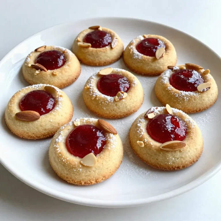 - 1 cup unsalted butter, softened at room temperature - 1/2 cup granulated sugar - 1/2 cup brown sugar, packed firmly - 1 large egg, at room temperature - 1 teaspoon almond extract - 2 cups all-purpose flour, sifted - 1 teaspoon baking powder - 1/4 teaspoon fine salt - 1/2 cup raspberry jam - Sliced almonds - 1 cup = 8 fluid ounces - 1/2 cup = 4 fluid ounces - 1 teaspoon = 5 milliliters - 1/4 teaspoon = 1.25 milliliters If you need to change measurements, just multiply or divide. For example, if you want to make half the recipe, use 1/2 cup of butter and 1/4 cup of sugar. - Butter: You can use margarine if needed. - Granulated Sugar: Brown sugar works too, but it will change the taste. - Almond Extract: You can replace it with vanilla extract. - Raspberry Jam: Any jam can work, like strawberry or apricot. - Sliced Almonds: Chopped walnuts or pecans are good alternatives. These swaps can help you create the cookies even if you lack some items! {{ingredient_image_2}} First, preheat your oven to 350°F (175°C). This step is crucial for even baking. While the oven warms up, line two baking sheets with parchment paper. This will stop the cookies from sticking. In a large mixing bowl, combine 1 cup of softened butter, 1/2 cup of granulated sugar, and 1/2 cup of packed brown sugar. Use an electric mixer or a sturdy wooden spoon to mix these until they are light and fluffy. This should take about 3-5 minutes. Then, add 1 large egg and 1 teaspoon of almond extract to the bowl. Mix everything until it is smooth and well combined. In another bowl, whisk together 2 cups of sifted all-purpose flour, 1 teaspoon of baking powder, and 1/4 teaspoon of fine salt. This helps to mix the dry ingredients evenly and makes the cookies softer. Gradually add this dry mix to the wet mixture. Stir gently until a soft dough forms. Be careful not to overmix; just mix until combined. Now, scoop out portions of dough. Roll each into a ball, about 1 inch wide. Place these dough balls on the lined baking sheets, leaving space for them to spread. Use your thumb or a small spoon to press down in the center of each ball, making an indentation. This will hold the raspberry jam later. Next, fill each indentation with about 1/2 teaspoon of raspberry jam. Make sure the jam stays in the center. For a crunchy touch, gently press a few sliced almonds around the outer edge of each cookie. Put the baking sheets in your preheated oven. Bake for 12-15 minutes. You want to see golden edges, and the centers should look set but not browned too much. Once baked, take the cookies out and let them cool on the sheets for about 5 minutes. Then, move them to a wire rack to cool completely. Enjoy making these delightful treats! To get soft and chewy cookies, start with room-temperature butter. This makes it easy to cream with sugar. When mixing, aim for a light and fluffy texture. The dough should feel soft but not sticky. If your dough feels too dry, add a tiny bit of milk. This helps keep the cookies moist. Mix the dough just until you see no dry flour. Overmixing makes cookies tough. After adding the dry ingredients, stop mixing as soon as it comes together. Use a gentle hand to fold in the flour. This keeps your cookies light and airy. Watch your cookies closely as they bake. Set your timer for 12 minutes. Check for golden edges and set centers. If they look too soft, give them a minute or two more. Every oven is different, so trust your eyes. Let them cool for a few minutes on the sheet before moving them. This helps them firm up without breaking. Pro Tips Use Room Temperature Ingredients: Ensuring that your butter and egg are at room temperature helps create a smoother batter and contributes to a better texture in the finished cookie. Don’t Overmix the Dough: Once you add the dry ingredients, mix just until combined. Overmixing can lead to tough cookies due to gluten development. Experiment with Different Jams: While raspberry jam is delicious, feel free to try other flavors like apricot or strawberry for a unique twist on this classic recipe. Store Properly: To maintain freshness, store the cookies in an airtight container at room temperature. They will stay soft for several days! {{image_4}} You can switch up the jam for fun flavors. For example, try strawberry or apricot. Each jam gives a unique taste. If you want a tart kick, go for sour cherry jam. You can even use lemon curd for a zesty twist. Just remember to keep the filling thick enough to stay in the cookie. Sliced almonds are great, but many other nuts work well too. Chopped pecans or walnuts can add a rich flavor. You could also use hazelnuts for a nice crunch. If you want something different, try pistachios. They add color and a unique taste. Whatever you choose, make sure to press them gently into the dough. If you need gluten-free options, use almond flour instead of all-purpose flour. This makes a lovely, nutty flavor. You can also try a gluten-free baking mix. Just make sure it has xanthan gum for good texture. Adjust the amount of liquid slightly if using almond flour, as it absorbs more moisture. Enjoy these tasty options! To keep your raspberry almond thumbprint cookies fresh, store them in an airtight container. This helps maintain their softness and flavor. Place a piece of parchment paper between layers to prevent sticking. Keep the container at room temperature for up to one week. You can freeze these cookies for long-term storage. Allow them to cool completely before freezing. Wrap each cookie in plastic wrap and place them in a freezer bag. They can last in the freezer for up to three months. When ready to enjoy, simply thaw them at room temperature or warm them in the oven for a few minutes. Serve the cookies fresh for the best taste. Arrange them on a pretty plate and add some fresh raspberries for color. You can also dust them lightly with powdered sugar for a touch of elegance. These cookies pair well with tea or coffee, making them perfect for gatherings. Raspberry almond thumbprint cookies are sweet treats filled with raspberry jam. They have a soft, chewy texture and a rich almond flavor. The cookies have a small indentation in the center, which holds the jam. This design makes them both cute and tasty. The combination of almond extract and raspberry jam creates a delightful taste. Yes, you can make these cookies ahead of time. You can prepare the dough and chill it in the fridge for up to 3 days. This helps the flavors blend well. You can also bake the cookies and store them in an airtight container. They stay fresh for about a week at room temperature. To keep your cookies chewy, do not overmix the dough. Mix until just combined. Also, bake them until the edges are golden but the centers are soft. Let them cool on the baking sheet for a few minutes. This helps them set without getting too hard. You can use extra raspberry jam in many ways. Spread it on toast or pancakes for breakfast. Mix it into yogurt for a sweet snack. You can also use it to top ice cream or blend it into smoothies. The possibilities are endless! This blog post shared all you need to make raspberry almond thumbprint cookies. We covered the key ingredients, steps, handy tips, tasty variations, and storage methods. Remember to follow the mixing and baking tips for the best results. Feel free to get creative with flavors and substitutes. You now have the tools to enjoy these cookies fresh or stored. Happy baking!