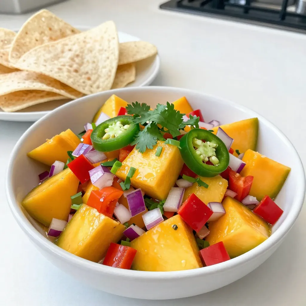 - 2 ripe mangoes, peeled and diced into small cubes - 1 small red onion, finely chopped - 1 red bell pepper, diced into small pieces - 1 jalapeño pepper, deseeded and minced (adjust to taste for spice level) - Juice of 2 fresh limes - 1/4 cup fresh cilantro, roughly chopped - Salt, to taste - Freshly cracked black pepper, to taste If you can't find mangoes, you can use peaches or pineapple. They add sweetness. For red onion, yellow onion works too, though it is milder. If you want less heat, skip the jalapeño or use a milder pepper like bell pepper. Fresh cilantro can be switched with parsley for a different taste. Lime juice can be replaced with lemon juice, but it will change the flavor a bit. Mangoes are full of vitamins A and C. They help with skin and eye health. Red onions contain antioxidants that can help with heart health. Bell peppers are rich in vitamin C and fiber, which aid digestion. Jalapeños can boost metabolism and are low in calories. Limes add vitamin C, which supports the immune system. Cilantro has antioxidants that may help reduce inflammation. {{ingredient_image_2}} First, gather all your ingredients. You need: - 2 ripe mangoes - 1 small red onion - 1 red bell pepper - 1 jalapeño pepper - Juice of 2 fresh limes - 1/4 cup fresh cilantro - Salt - Black pepper Peel and dice the mangoes into small cubes. Make sure they are ripe for sweetness. Next, finely chop the red onion. Dice the red bell pepper into small pieces too. For the jalapeño, remove the seeds and mince it finely. This will bring the heat, so adjust it to your taste. In a medium bowl, combine the mango, onion, and red bell pepper. Mix them well to show off their bright colors. Then, add the minced jalapeño. Taste this mix to see if it is spicy enough for you. Now, squeeze the juice of two fresh limes over the mix. This adds a tangy kick that pairs well with the mango. Next, sprinkle the chopped cilantro over the top. Add a pinch of salt and some cracked black pepper to enhance the flavors. Using a spatula, gently fold all the ingredients together. Be careful not to mash the mangoes. You want to keep their lovely texture intact. Let your salsa rest for at least 15 minutes at room temperature. This waiting time helps the flavors blend together nicely. After resting, serve your salsa chilled or at room temperature. It works great as a dip with tortilla chips. You can also use it as a topping for grilled chicken, fish, or tacos. Enjoy the bright flavors at your next gathering! Choosing ripe mangoes is key for great salsa. Look for mangoes that are slightly soft when you press them. A good mango has a sweet scent. The skin color can vary, so focus on feel and smell. If it feels hard, it needs more time to ripen. Let it sit at room temperature for a few days. You want it to be ripe, but not overripe. Not everyone likes the same heat. To adjust spice, control the jalapeño. Start with half of a jalapeño, remove the seeds, and chop it finely. Mix it in, then taste your salsa. If you want it spicier, add more jalapeño bit by bit. You can also use a hotter pepper if you love heat. Just remember to taste as you go! Serve spicy mango salsa chilled or at room temperature. It tastes great with tortilla chips. You can also top grilled chicken, fish, or tacos with it. For storage, keep it in an airtight container in the fridge. It stays fresh for about three days. If you want to make it ahead of time, let the flavors develop for a few hours before serving. Pro Tips Choose Ripe Mangoes: Ensure your mangoes are perfectly ripe for the best sweetness and flavor. They should give slightly when pressed and have a fragrant aroma. Adjust Spice Level: The spiciness of jalapeños can vary, so start with a small amount and add more gradually to suit your taste. Fresh Lime Juice: Use fresh lime juice instead of bottled for a brighter, more vibrant flavor that elevates your salsa. Resting Time Matters: Allowing the salsa to sit for at least 15 minutes lets the flavors develop and meld together, enhancing the overall taste. {{image_4}} You can switch up the mango for other fruits. Try peaches or pineapples for a fun twist. They add sweetness and a unique taste. If you want something tart, consider using diced kiwi. Each fruit brings its own flavor, making salsa exciting. Mix and match to find your favorite combo! If you crave more heat, add different peppers. A serrano pepper gives a sharper spice. You can also try a habanero for a fiery kick. Remember to remove the seeds to lower the heat if needed. Always taste as you go. Adjust the spice to match your taste buds! Fresh herbs can change the flavor of your salsa. Consider adding chopped mint or basil for a fresh twist. You could also mix in diced cucumber for crunch. A splash of apple cider vinegar adds tang. These additions can create a unique salsa that suits any occasion! To keep your spicy mango salsa fresh, use an airtight container. This prevents air from spoiling the flavors. You can also cover the bowl tightly with plastic wrap. Store the salsa in the fridge right after making it. This helps keep the ingredients crisp and bright. When stored properly, spicy mango salsa lasts for about 3 to 5 days in the fridge. The lime juice helps preserve the salsa, but the texture may change over time. If you notice the mangoes getting mushy, it's time to toss it out. Always check for any off smells before using. You can freeze spicy mango salsa for up to 3 months. Use a freezer-safe container or bag. Leave some space for the salsa to expand as it freezes. To use it later, thaw it in the fridge overnight. Keep in mind that the texture may change slightly after freezing, but the flavor will still be delicious. Yes, you can make spicy mango salsa ahead of time. It tastes even better after sitting. The flavors blend well when you let it rest. I suggest preparing it a few hours in advance. Just keep it in the fridge until you’re ready to serve. Spicy mango salsa pairs well with many dishes. Here are some ideas: - Crispy tortilla chips - Grilled chicken or fish - Tacos or burritos - Rice dishes - Salads This salsa adds a burst of flavor to any meal. You can also use it as a topping for nachos. Yes, spicy mango salsa is great for meal prep. It stays fresh in the fridge for a few days. You can enjoy it with your lunches or snacks throughout the week. Just remember to store it in an airtight container to keep it fresh. This blog post covered how to make spicy mango salsa from scratch. We discussed the best ingredients, how to prepare them, and tips for perfecting the flavor. You learned about health benefits and even how to store your salsa. Remember, experimenting with fruits and spices can enhance your salsa. Use fresh mangoes and enjoy it with your favorite chips or dishes. This salsa adds taste and joy to your meals. Dive into making this recipe and impress your friends!